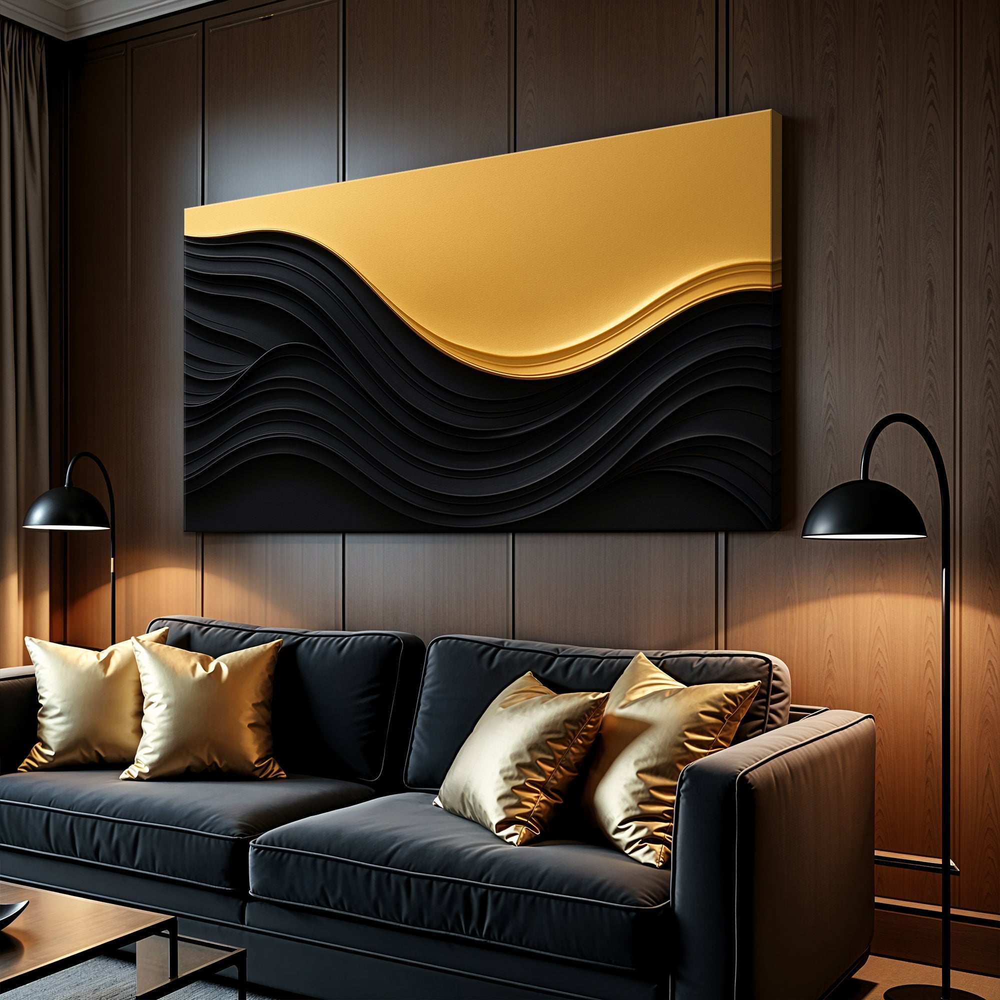 Black And Gold Minimalist Abstract VI on sale at MyriadMart