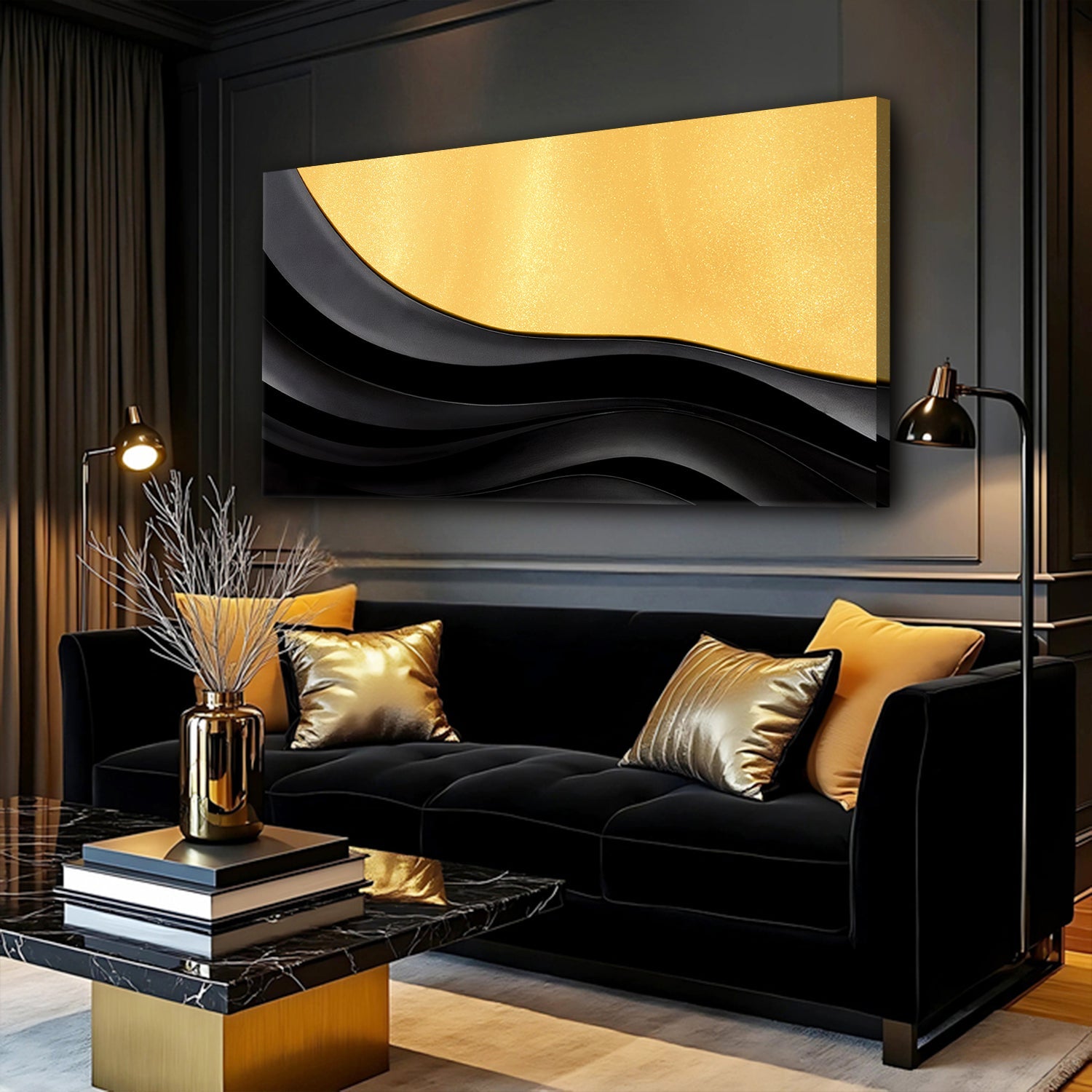 Black And Gold Minimalist Abstract VIII on sale at MyriadMart