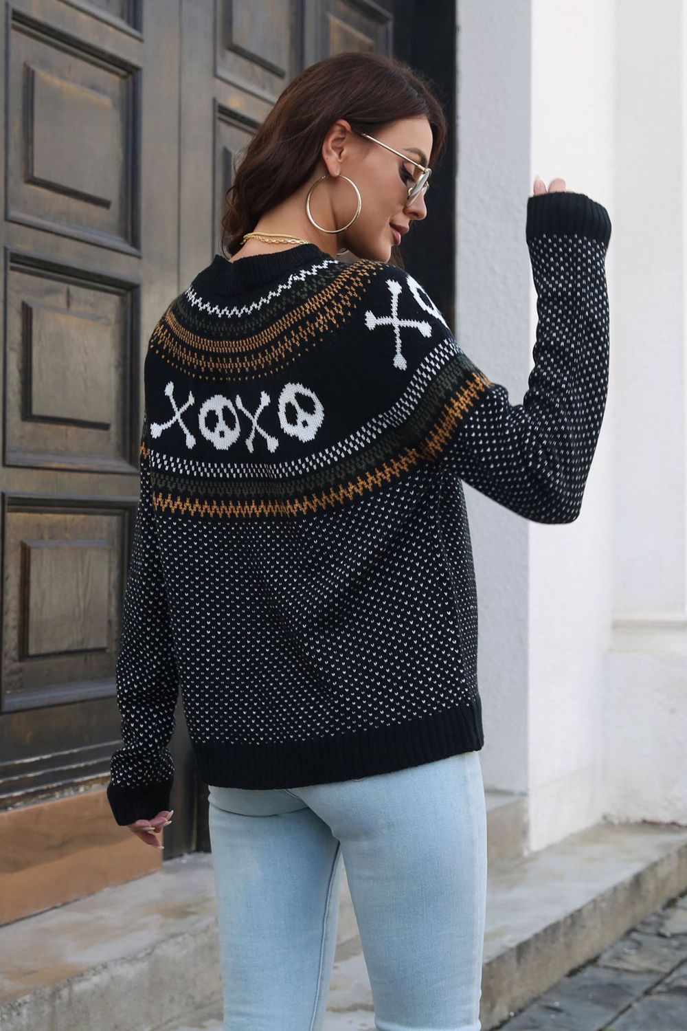 Ghost Pattern Round Neck Long Sleeve Sweater - MyriadMart