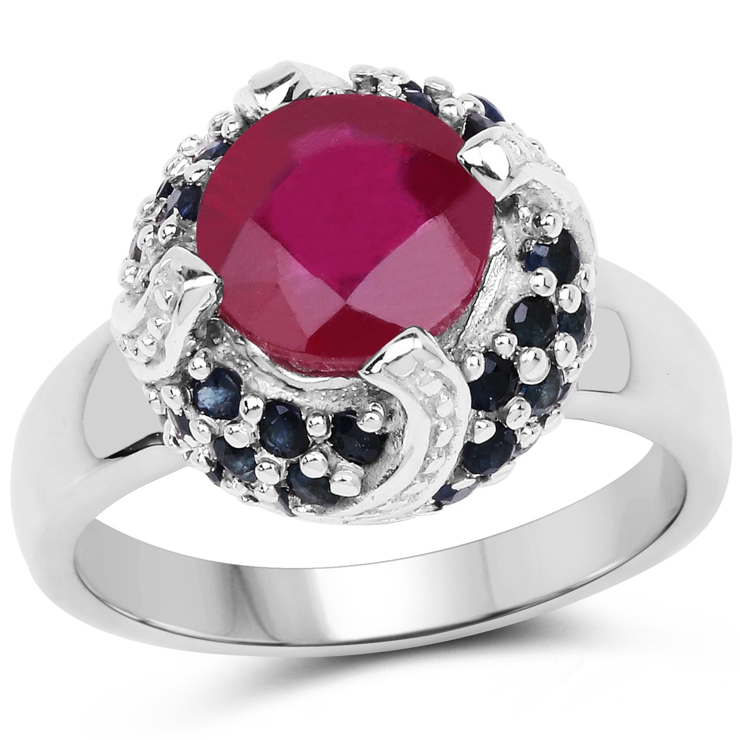 3.70 Carat Glass Filled Ruby and Blue Sapphire .925 Sterling Silver Ring on sale at MyriadMart