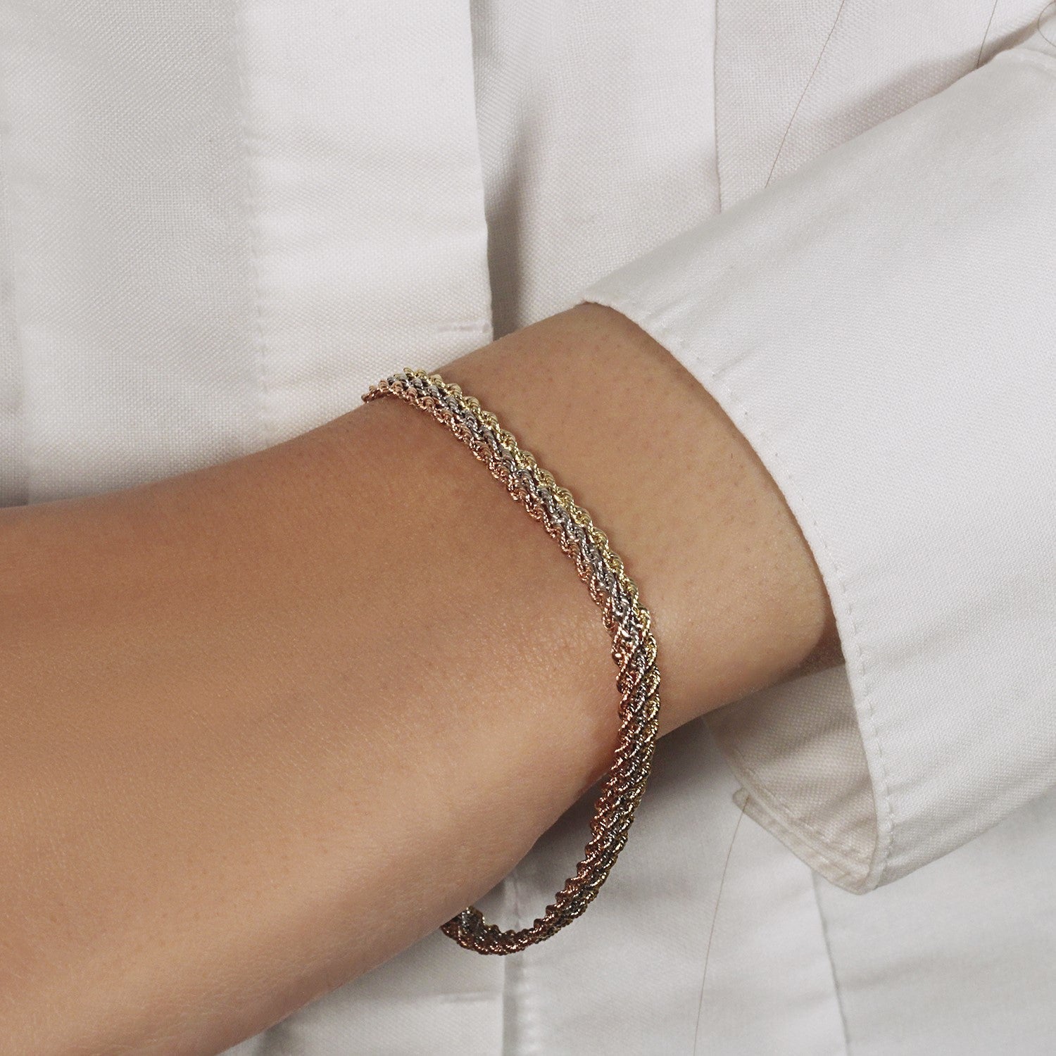 10k Tri-Toned Gold Multi-Strand Rope Chain Bracelet 6.35 mm on sale at MyriadMart