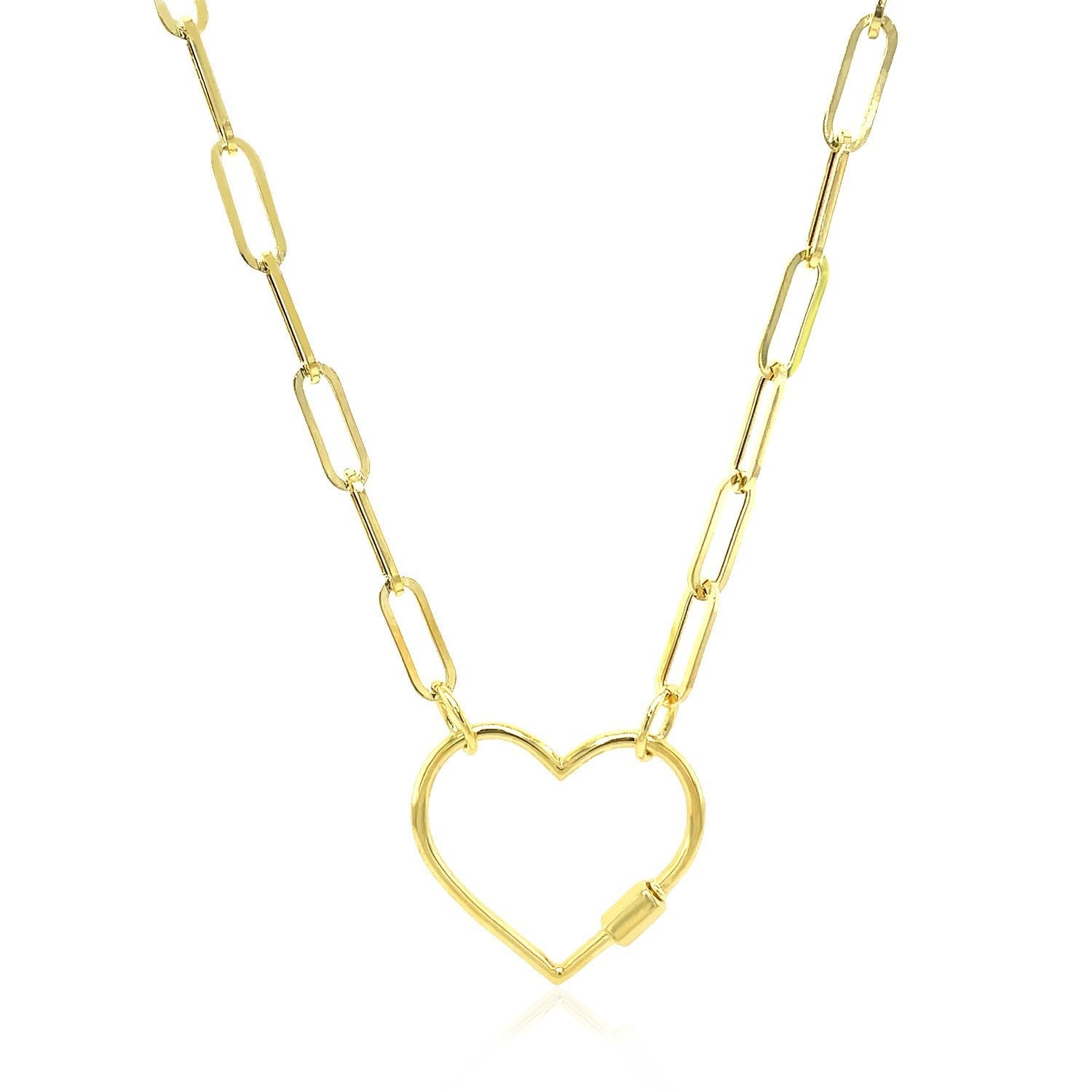 14k Yellow Gold Paperclip Chain Necklace with Heart Carabiner Clasp on sale at MyriadMart