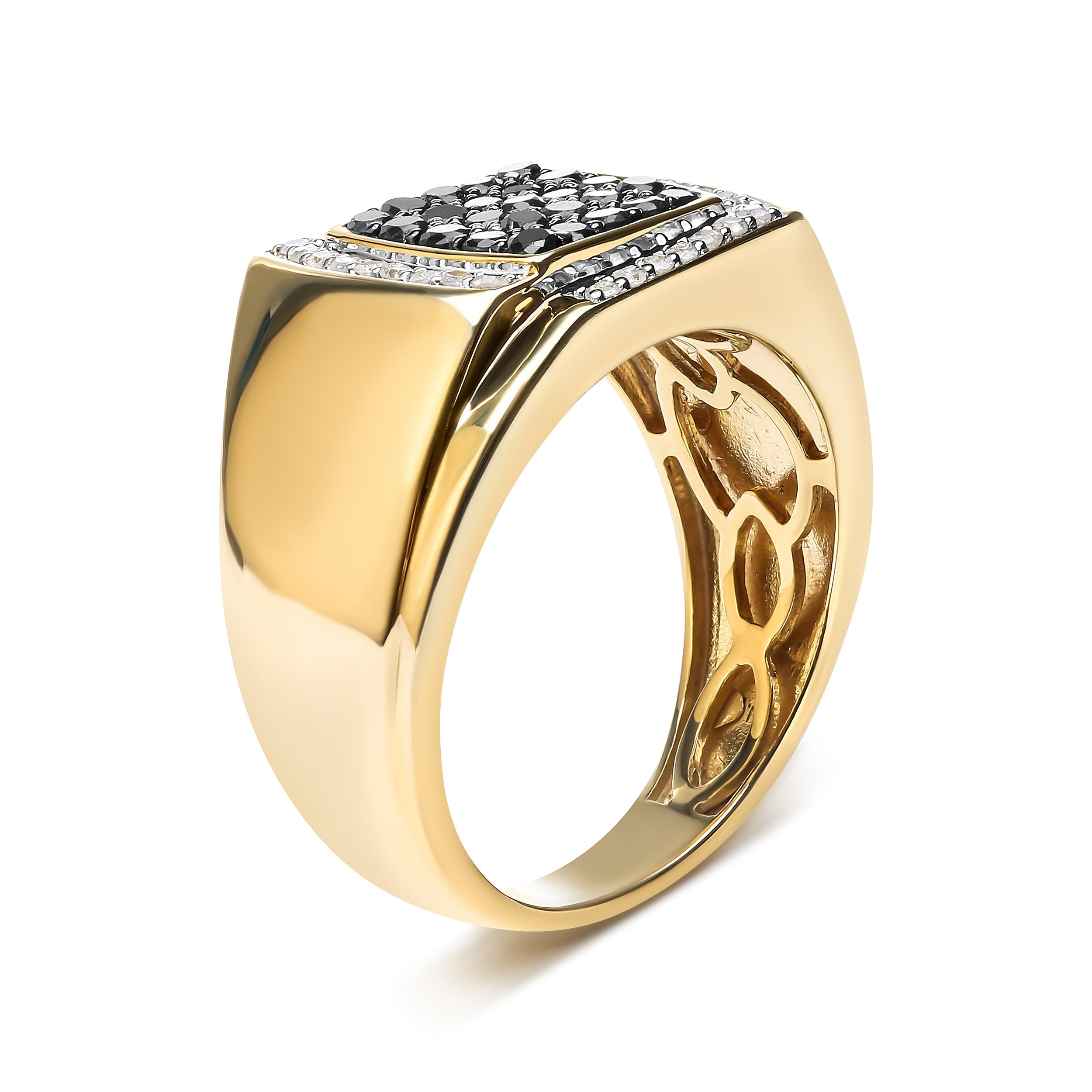 Men's 10K Yellow Gold 1.00 Cttw Cushion Cluster Black and White Diamond Statement Ring I-J Color, I2-I3 Clarity - Ring Size 10.5 on sale at MyriadMart