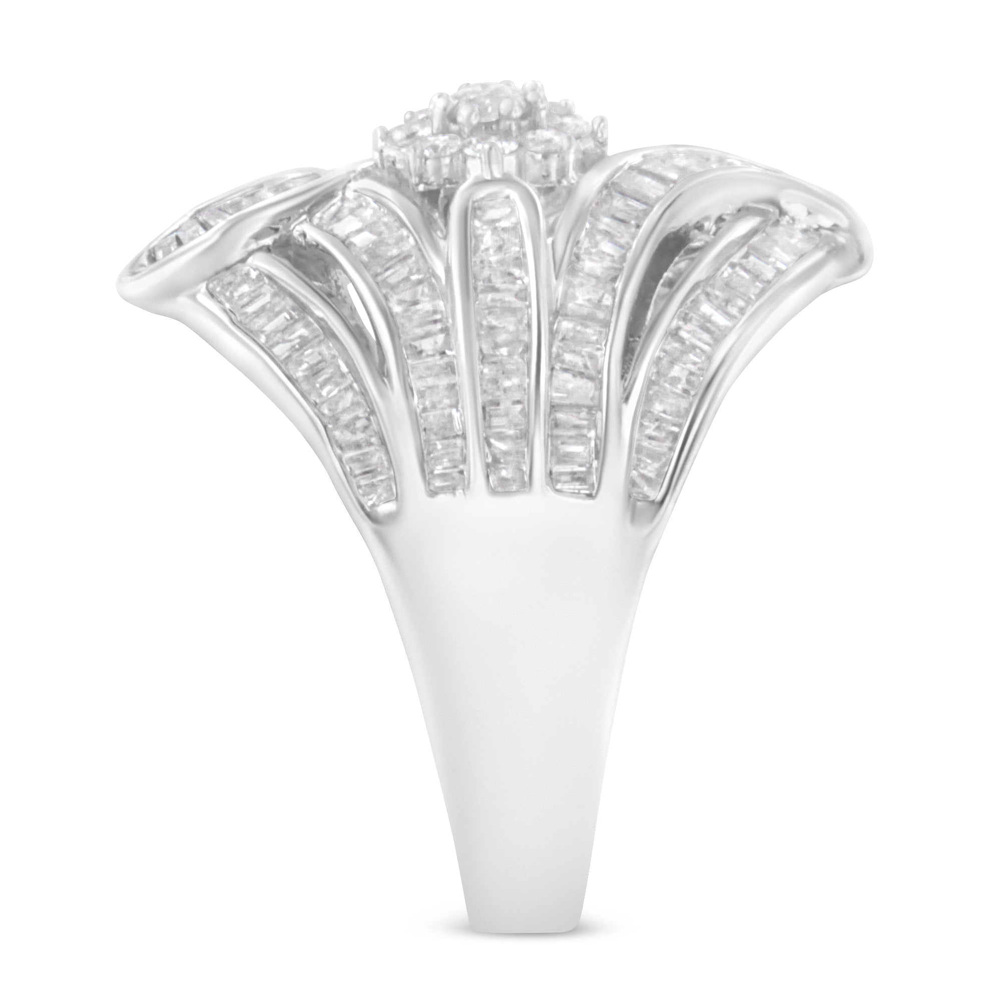 .925 Sterling Silver 1-1/8 Cttw Round & Baguette Diamond 'Flower & Fern' Cluster Cocktail Fashion Ring I-J Color, I2-I3 Clarity - Size 6 on sale at MyriadMart