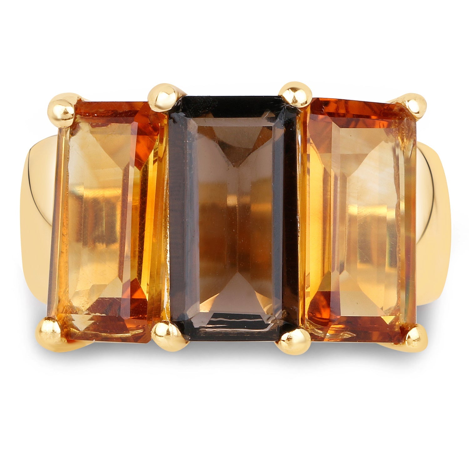 14K Yellow Gold Plated 8.14 Carat Genuine Smoky Quartz, Citrine and Champagne Quartz .925 Sterling Silver Ring on sale at MyriadMart