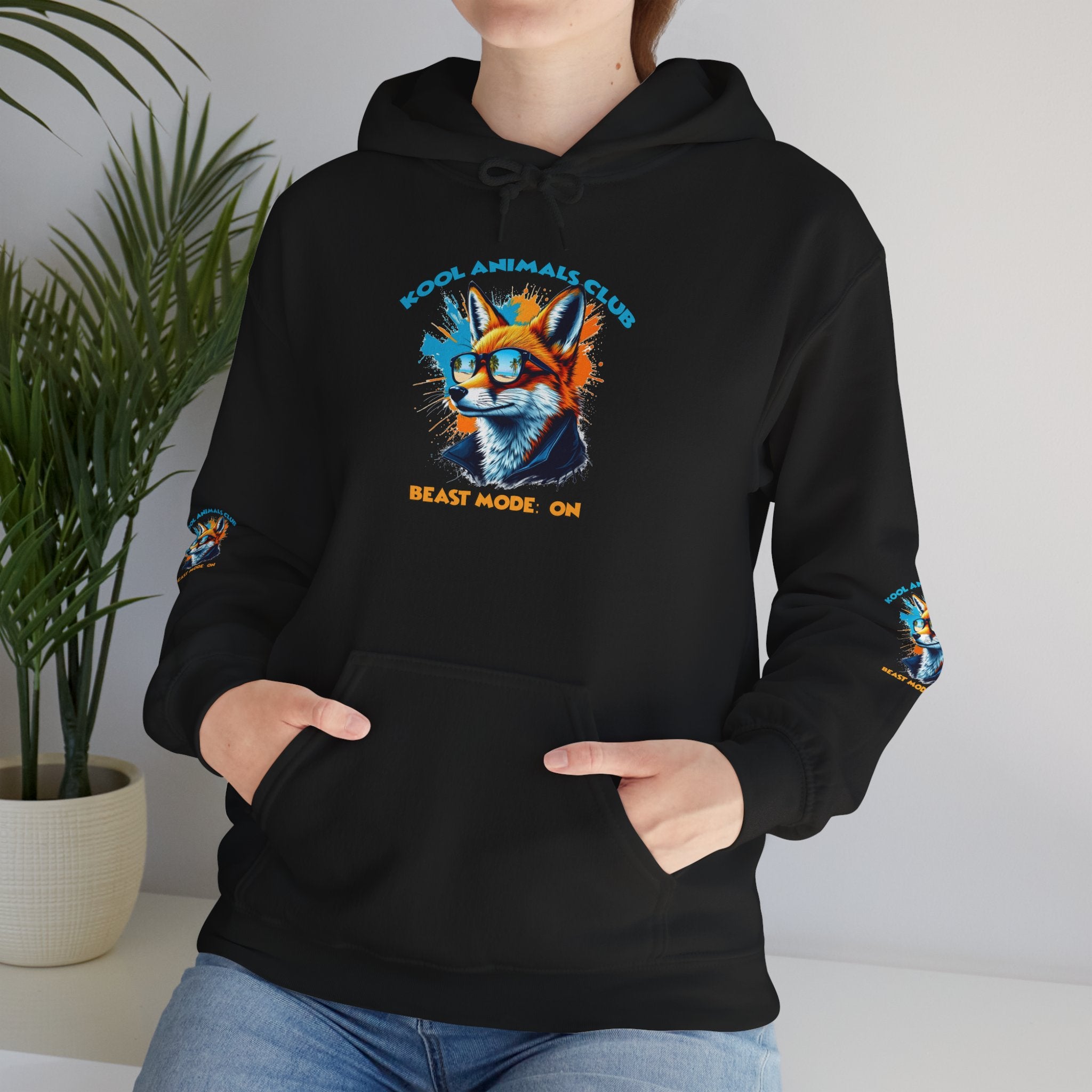 Kool Animals Club Hoodie with Cool Fox in Sunglasses and ‘Beast Mode On’ Design, Unisex Sweatshirt for Animal Lovers, Casual Streetwear, Perfect Gift for Holidays on sale at MyriadMart