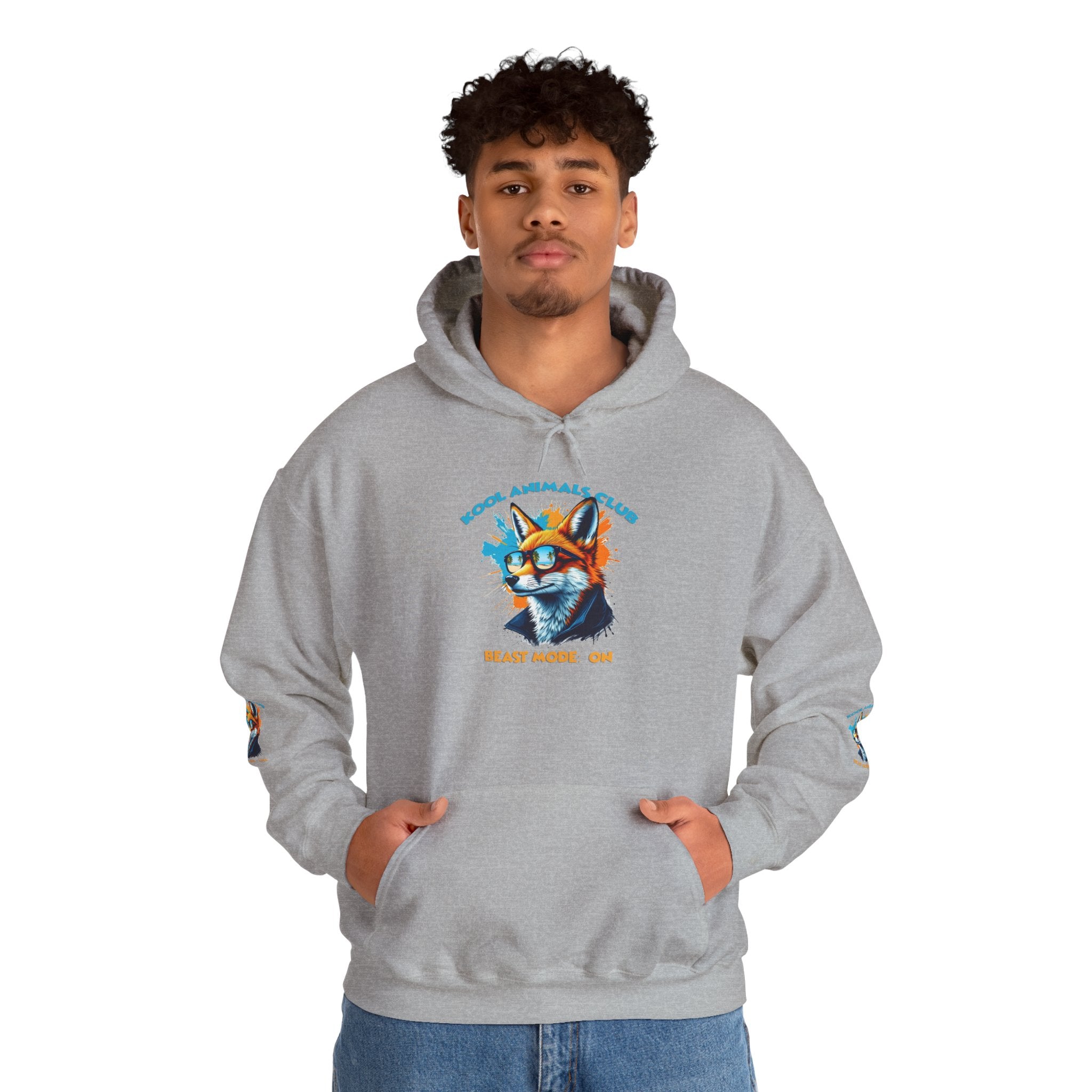 Kool Animals Club Hoodie with Cool Fox in Sunglasses and ‘Beast Mode On’ Design, Unisex Sweatshirt for Animal Lovers, Casual Streetwear, Perfect Gift for Holidays on sale at MyriadMart