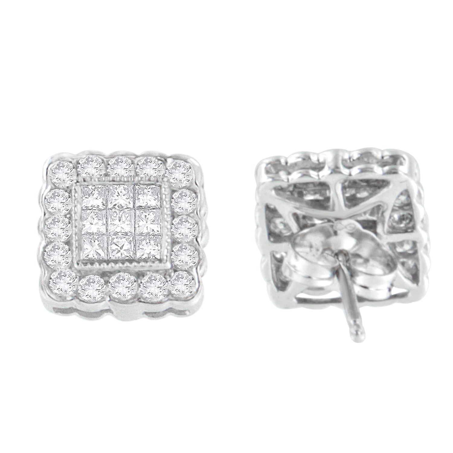 14K White Gold 1.0 Cttw Round Brilliant & Princess Cut Diamond Scallop-Edge Framed Square Halo Stud Earrings G-H Color, SI1-SI2 Clarity on sale at MyriadMart