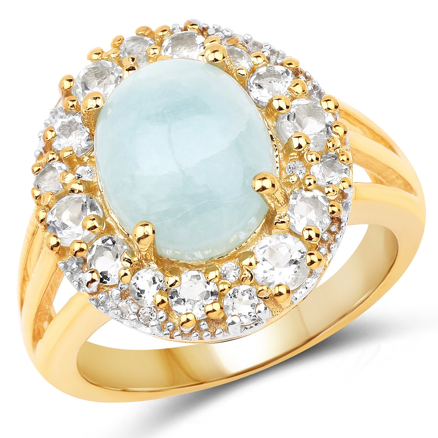 14K Yellow Gold Plated 6.72 Carat Genuine Aquamarine and White Topaz .925 Sterling Silver Ring on sale at MyriadMart