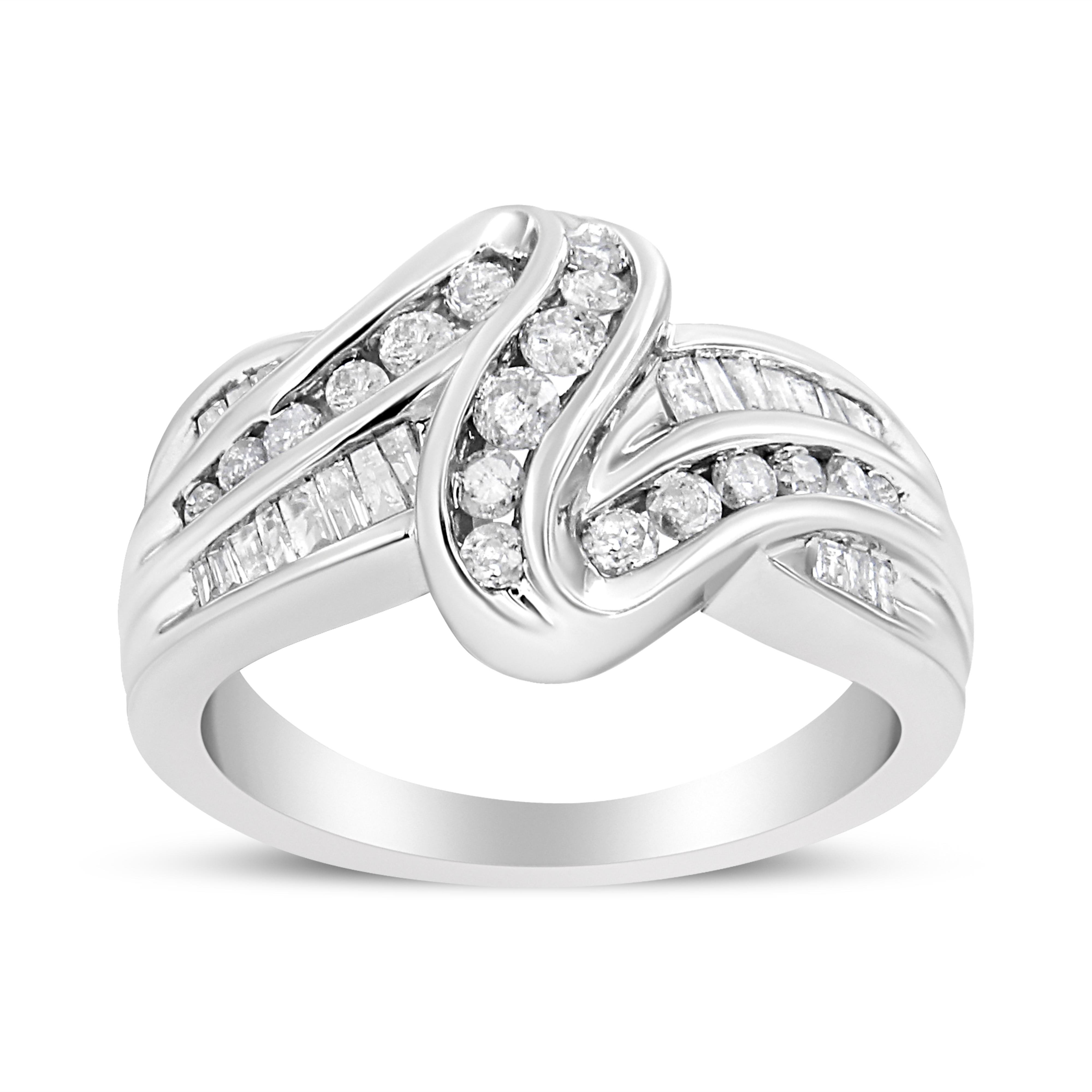 10K White Gold Ring 3/4 Cttw Round and Baguette-Cut Diamond Bypass Ring H-I Color, I2-I3 Clarity - Size 6 on sale at MyriadMart