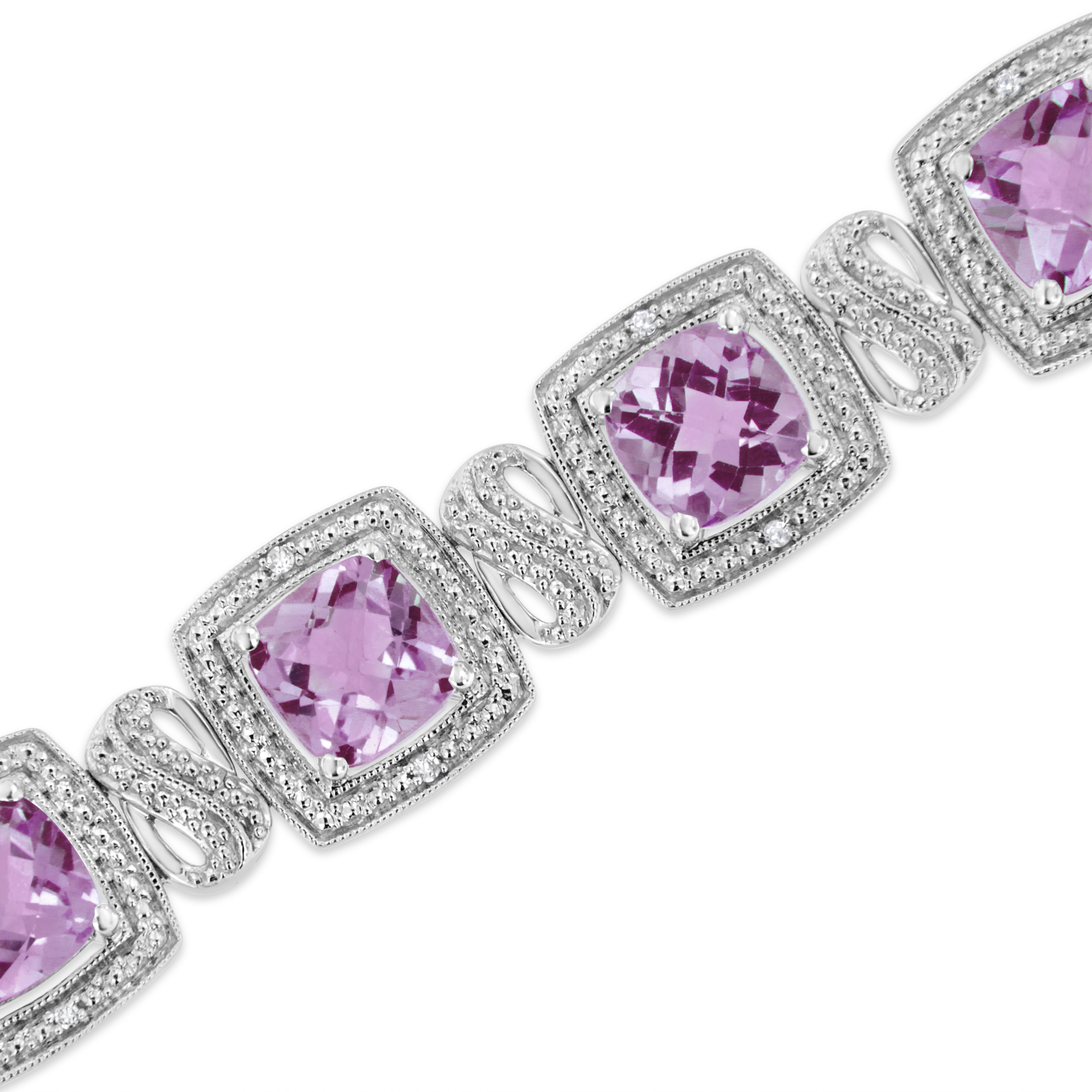 .925 Sterling Silver 7x7 mm Cushion Cut Purple Amethyst and 1/10 cttw Round Cut Diamond Square Shape Tennis Bracelet I-J Color, I1-I2 Clarity - 7" on sale at MyriadMart