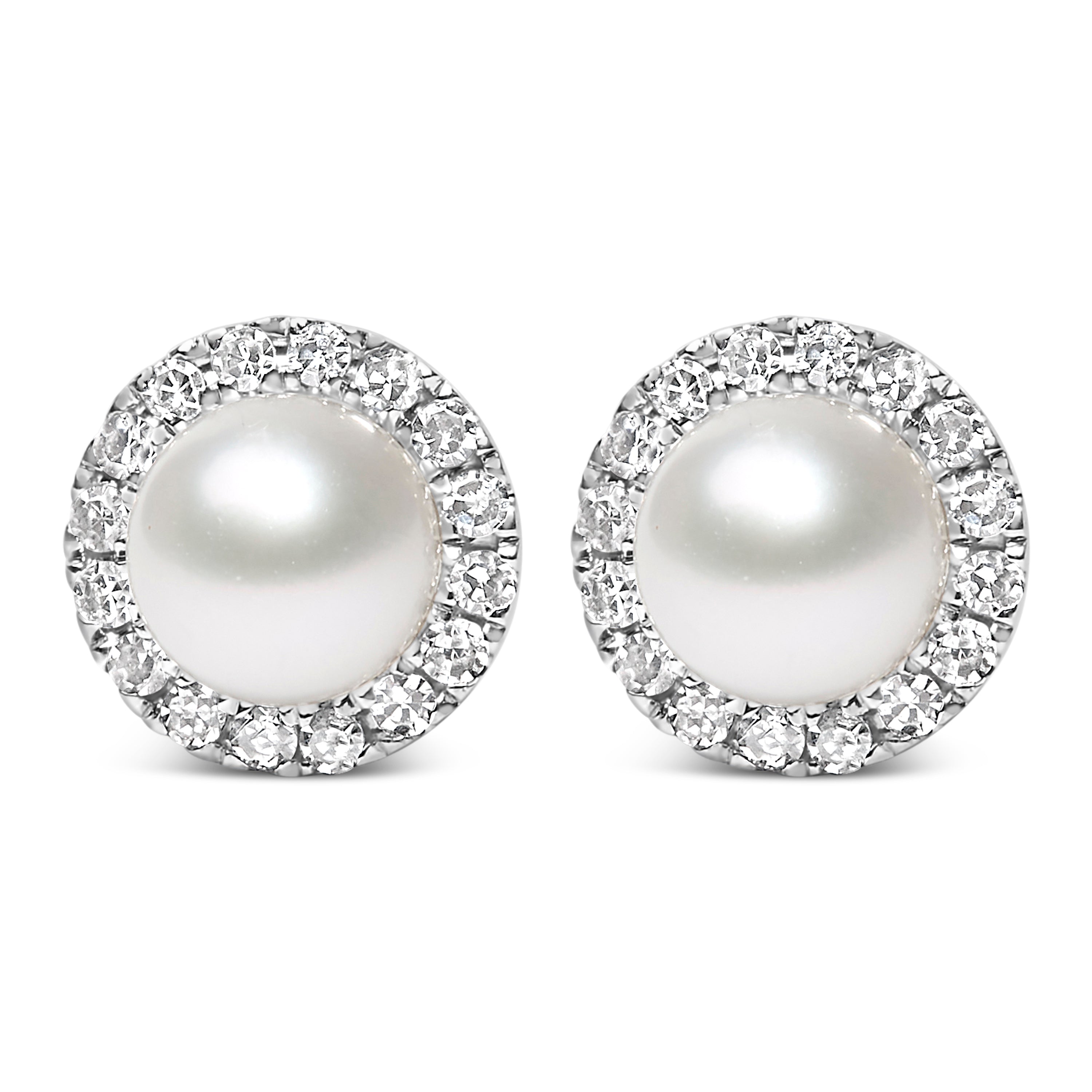 10K White Gold 4.5mm Cultured Freshwater Pearl and 1/7 Cttw Diamond Halo Stud Earring I-J Color, I1-I2 Clarity on sale at MyriadMart