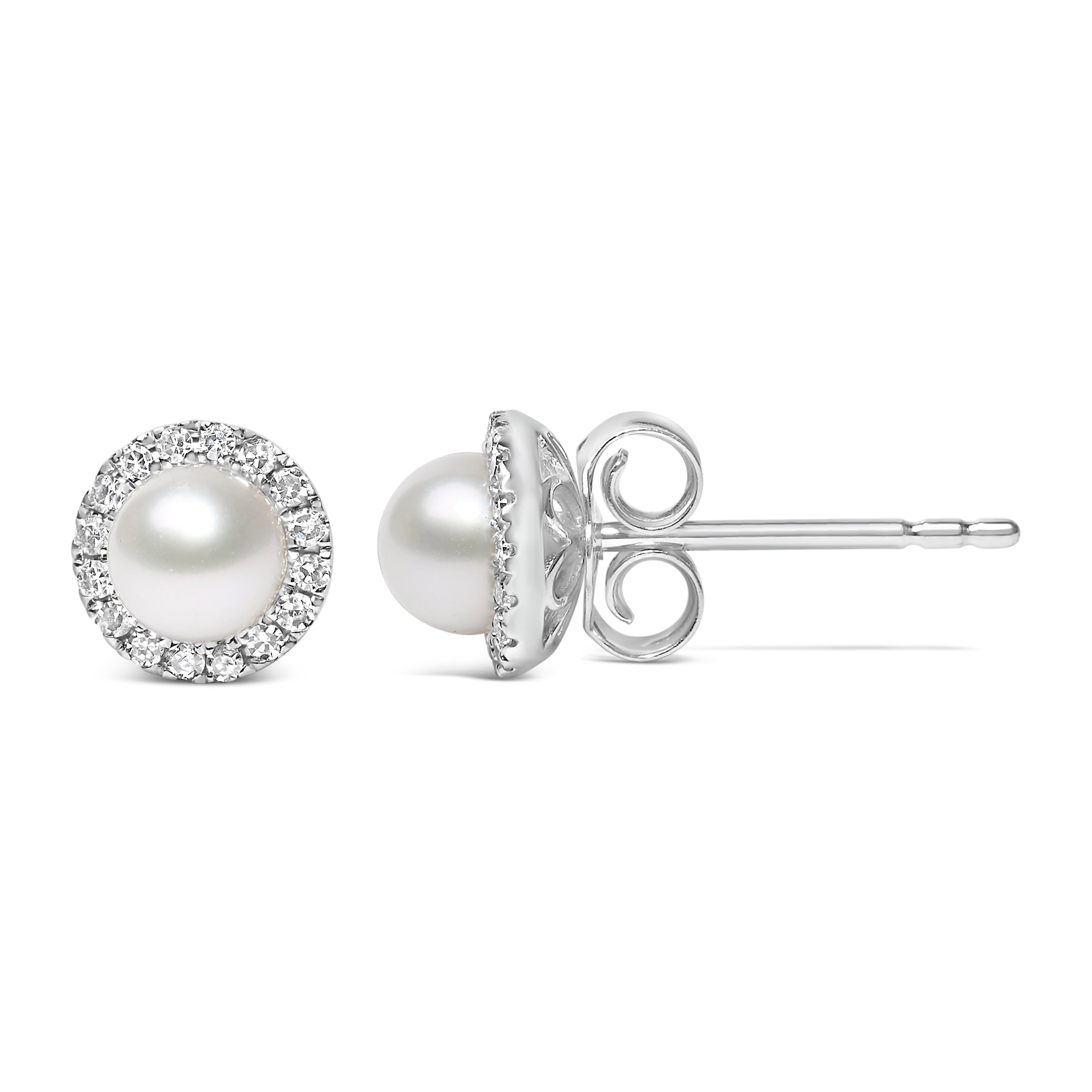 10K White Gold 4.5mm Cultured Freshwater Pearl and 1/7 Cttw Diamond Halo Stud Earring I-J Color, I1-I2 Clarity on sale at MyriadMart