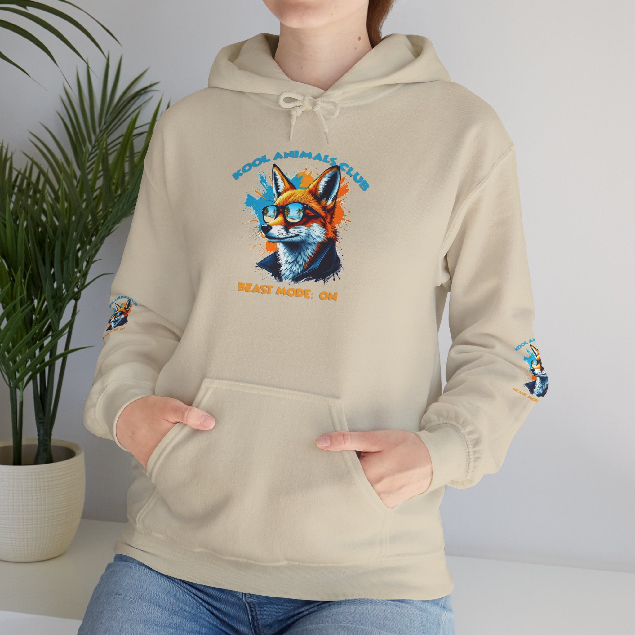 Kool Animals Club Hoodie with Cool Fox in Sunglasses and ‘Beast Mode On’ Design, Unisex Sweatshirt for Animal Lovers, Casual Streetwear, Perfect Gift for Holidays on sale at MyriadMart