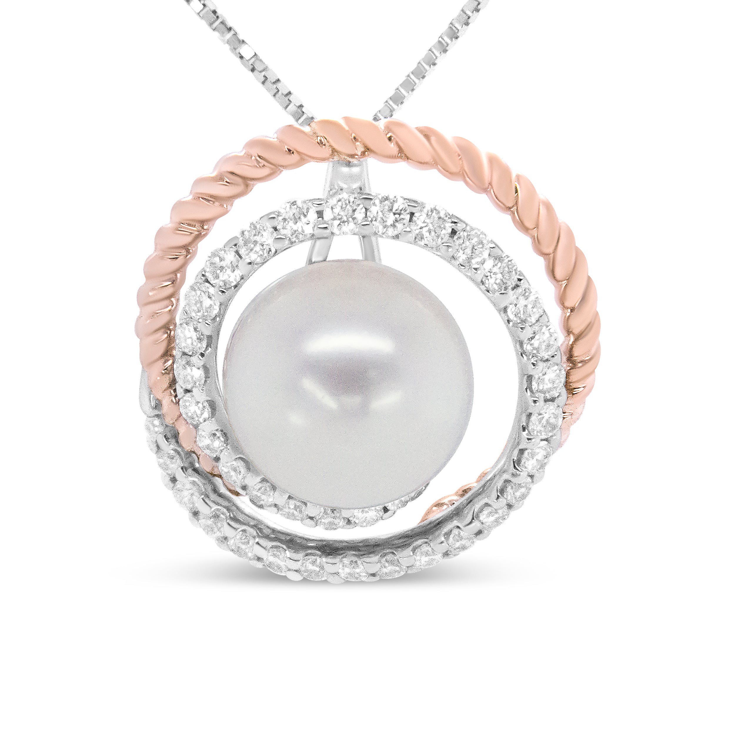 14K Rose and White Gold 3/8 Cttw Pave Diamond and 9mm Round Pearl Spiral Openwork 18" Pendant Necklace- H-I Color, VS1-VS2 Clarity on sale at MyriadMart