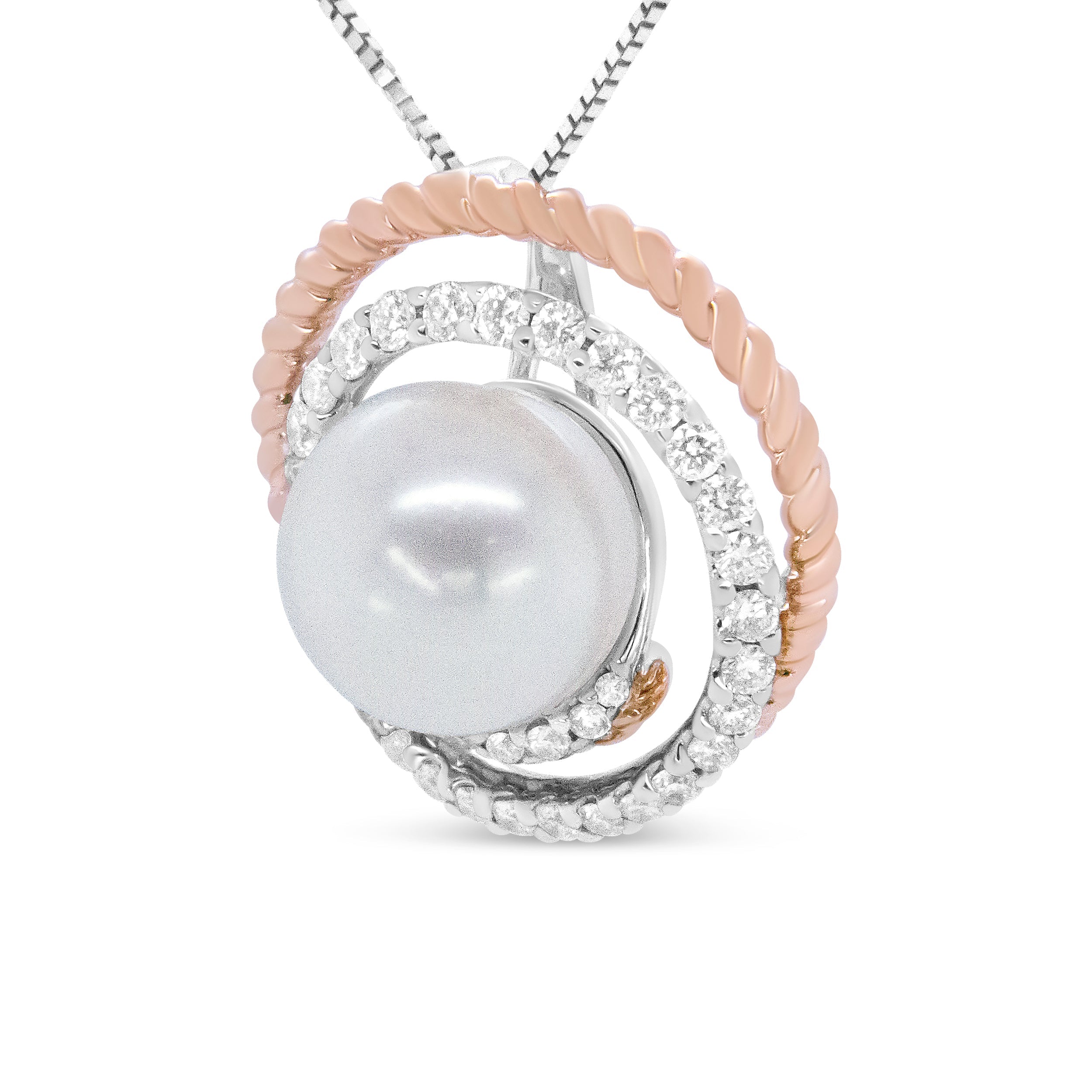 14K Rose and White Gold 3/8 Cttw Pave Diamond and 9mm Round Pearl Spiral Openwork 18" Pendant Necklace- H-I Color, VS1-VS2 Clarity on sale at MyriadMart