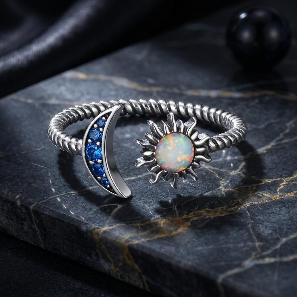 925 Sterling Silver Oxidized Silver Pavé Setting CZ Translucent Opal Ring on sale at MyriadMart
