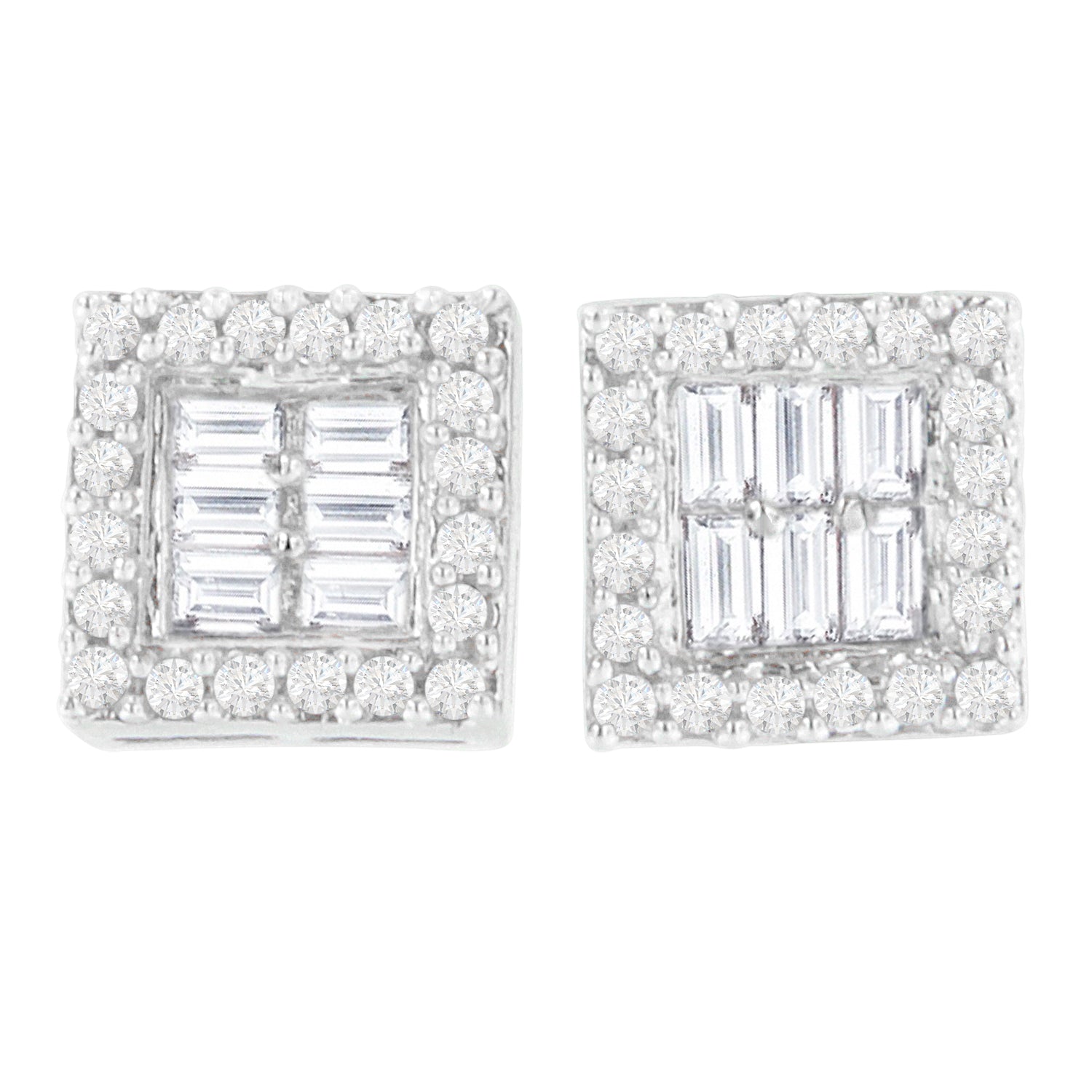 14K White Gold 1 cttw Round and Baguette Diamond Stud Earrings H-I, SI1-SI2 on sale at MyriadMart