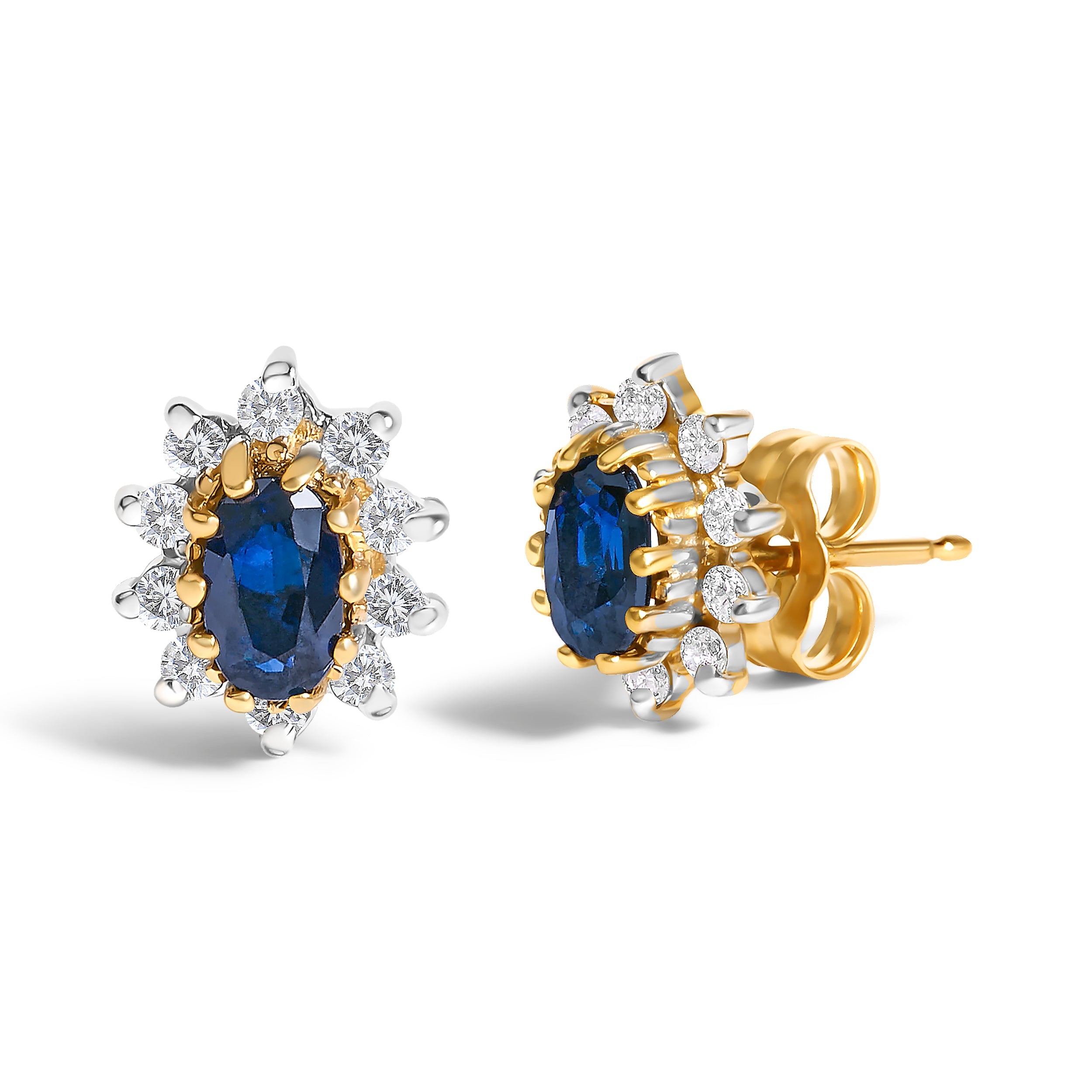 14K Yellow Gold 1/4 Cttw Diamond and Blue Sapphire Sunburst Halo Stud Earrings K-L Color, I1-I2 Clarity on sale at MyriadMart