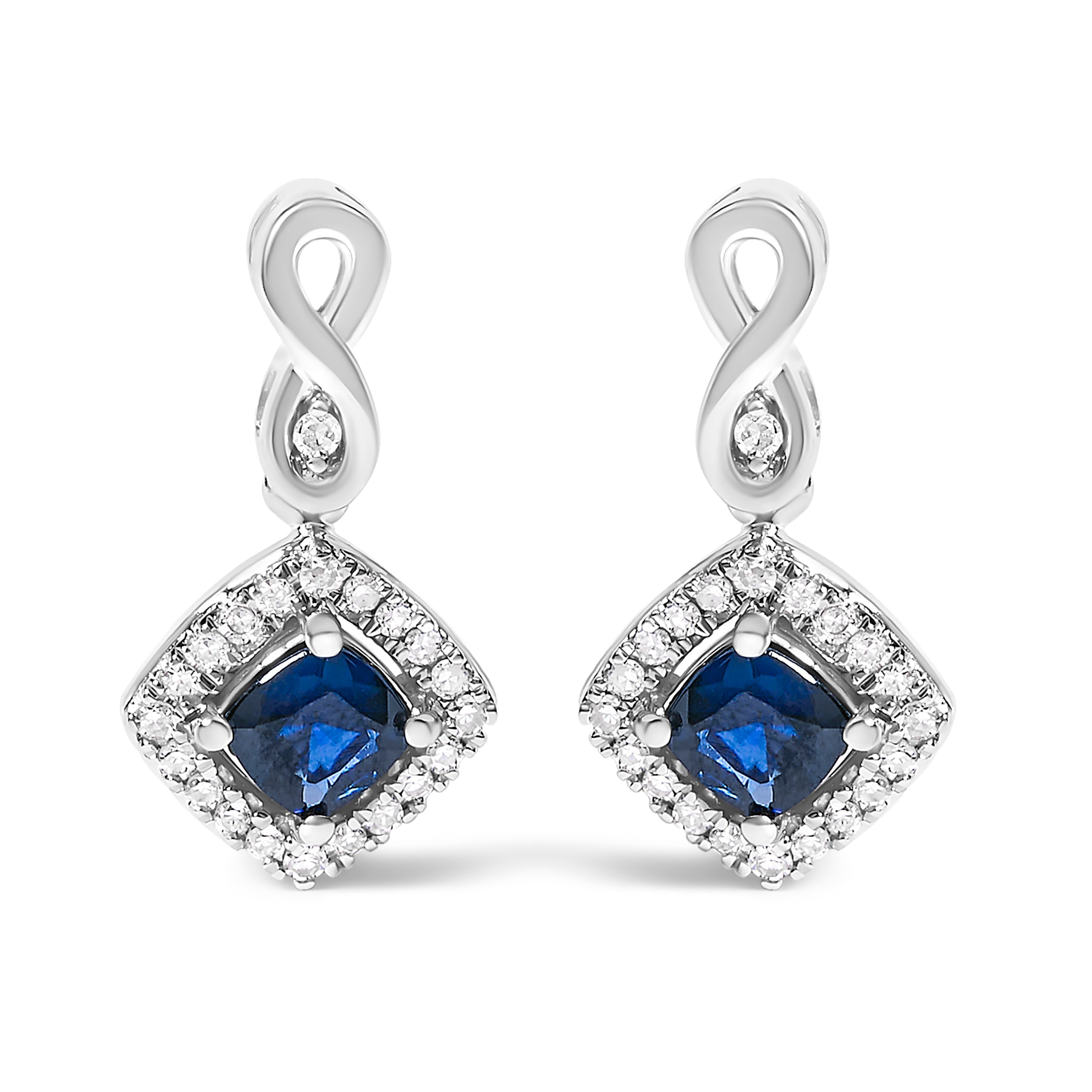 10K White Gold Blue Sapphire and Diamond Halo Cushion Shaped Drop Earrings I-J Color, I1-I2 Clarity on sale at MyriadMart
