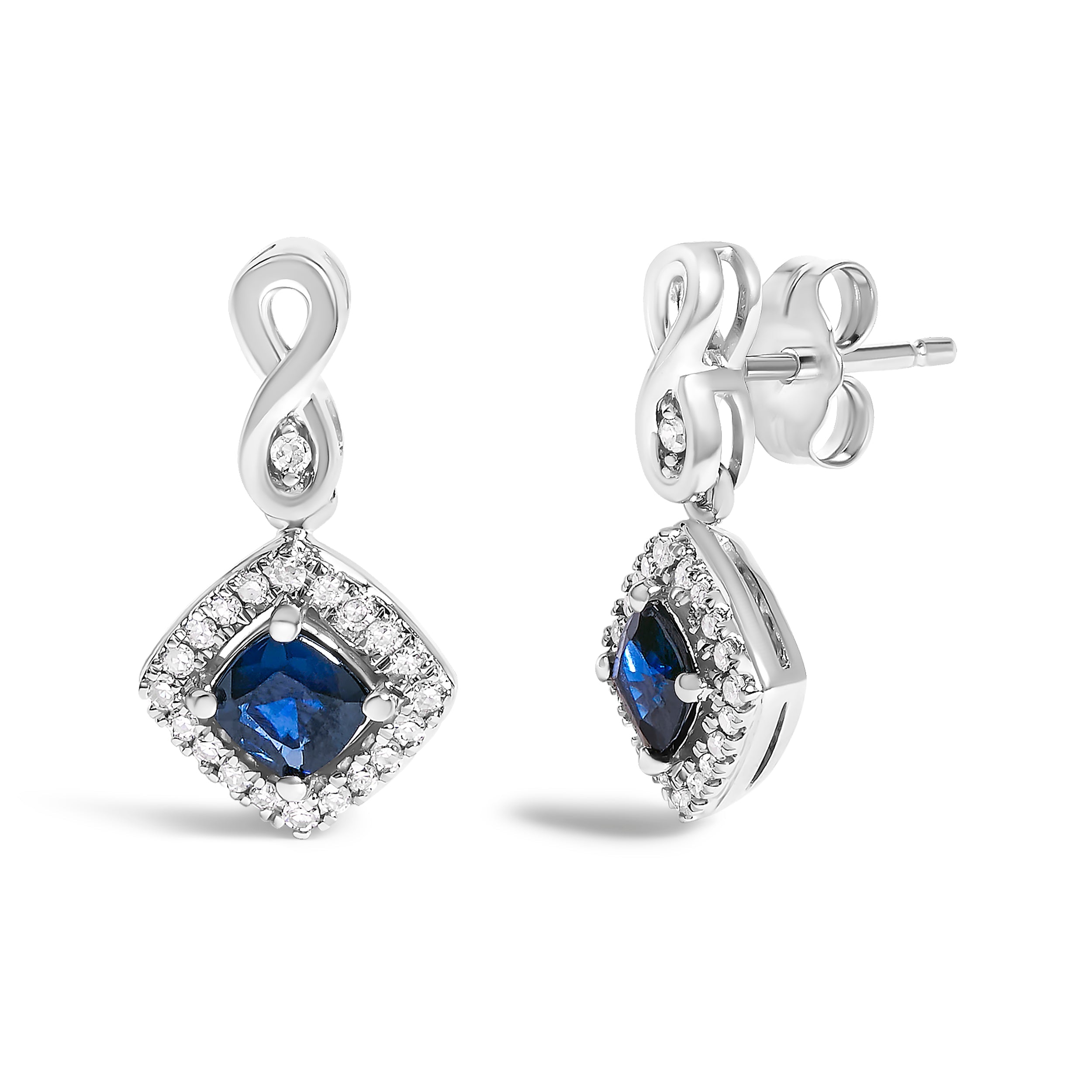 10K White Gold Blue Sapphire and Diamond Halo Cushion Shaped Drop Earrings I-J Color, I1-I2 Clarity on sale at MyriadMart