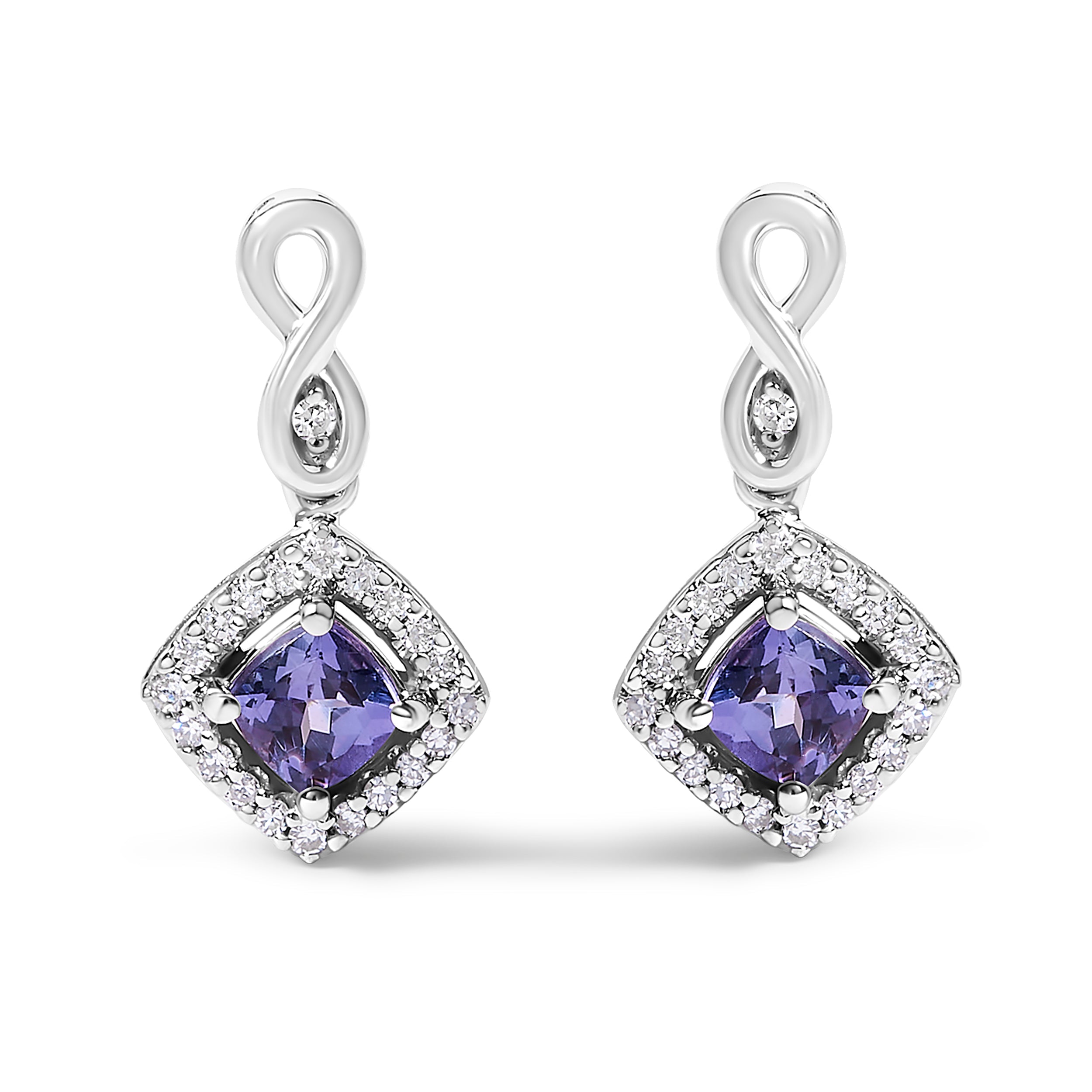 10K White Gold Blue Purple Tanzanite and Diamond Halo Cushion Shaped Drop Earrings I-J Color, I1-I2 Clarity on sale at MyriadMart