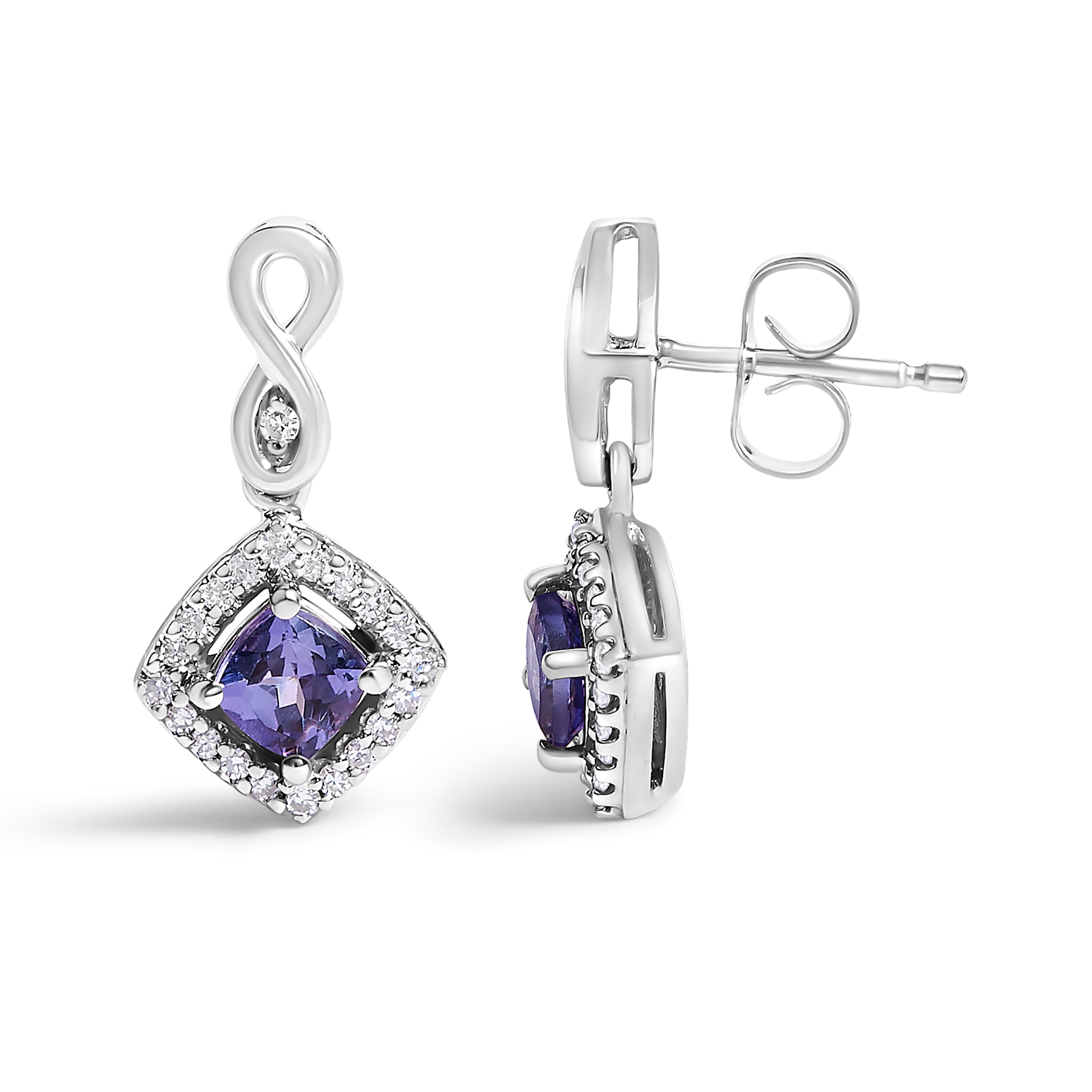 10K White Gold Blue Purple Tanzanite and Diamond Halo Cushion Shaped Drop Earrings I-J Color, I1-I2 Clarity on sale at MyriadMart