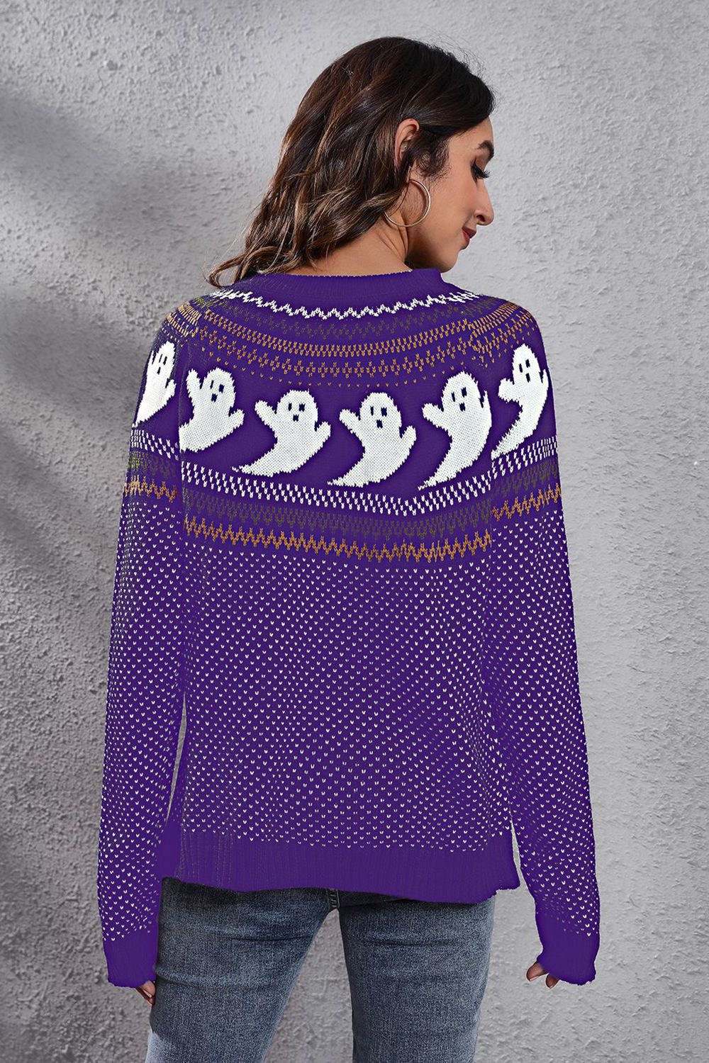 Ghost Pattern Round Neck Long Sleeve Sweater - MyriadMart