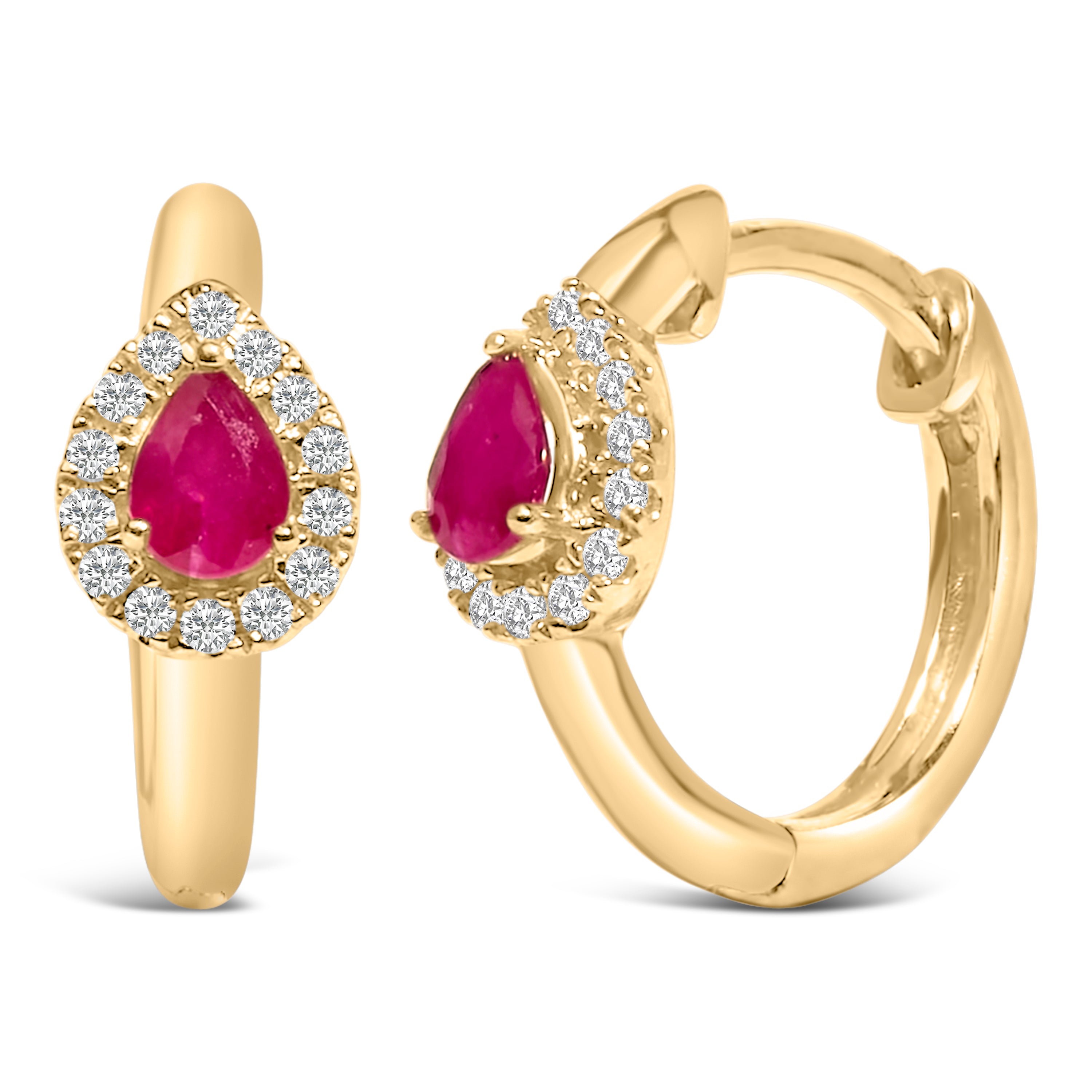 10K Yellow Gold Pear Cut Red Ruby 4x3 mm and 1/10 Cttw Round Diamond Huggy Earrings I-J Color, I1-I2 Clarity on sale at MyriadMart