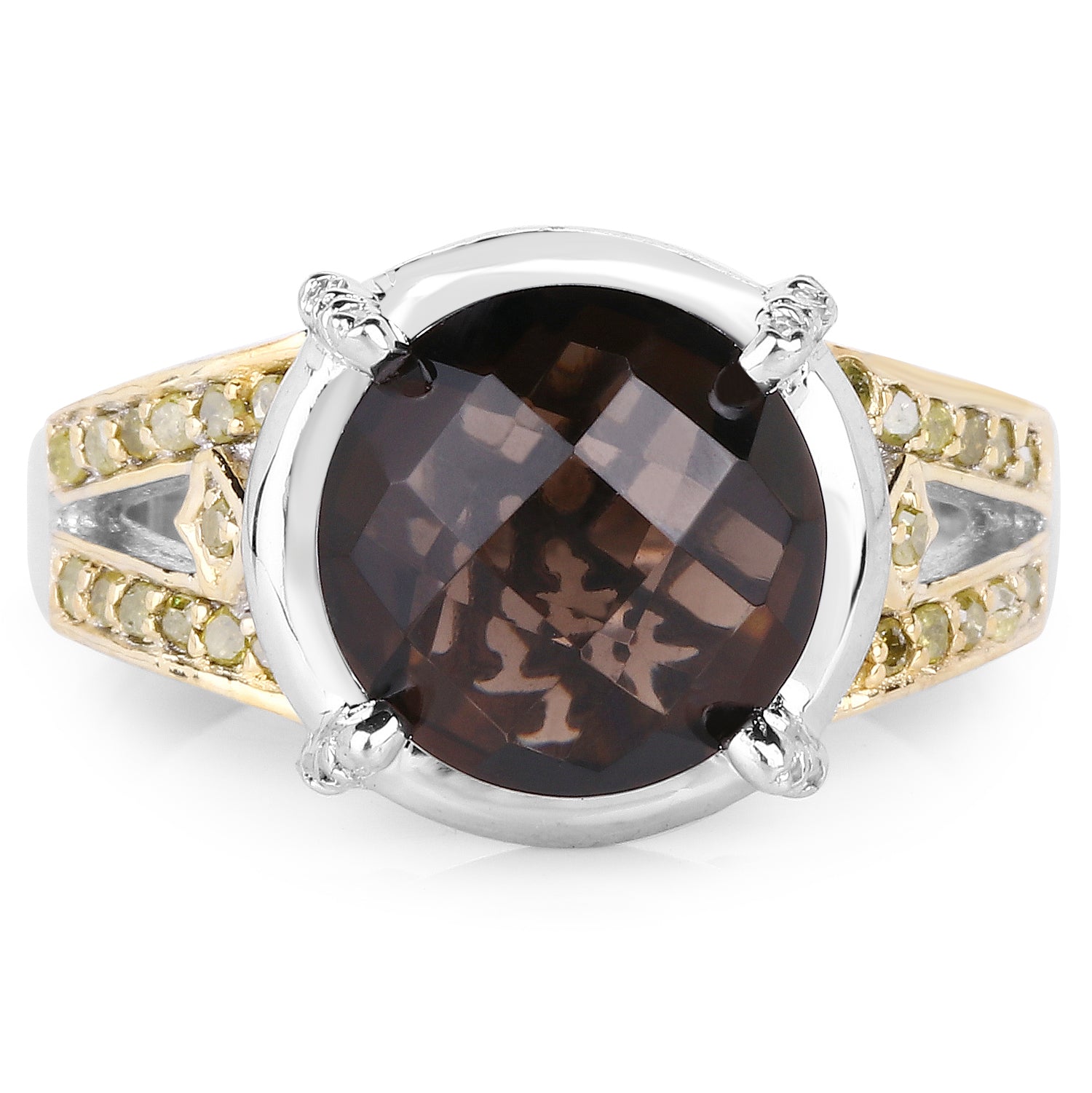 3.28 Carat Genuine Smoky Quartz, Yellow Diamond & White Diamond .925 Sterling Silver Ring on sale at MyriadMart