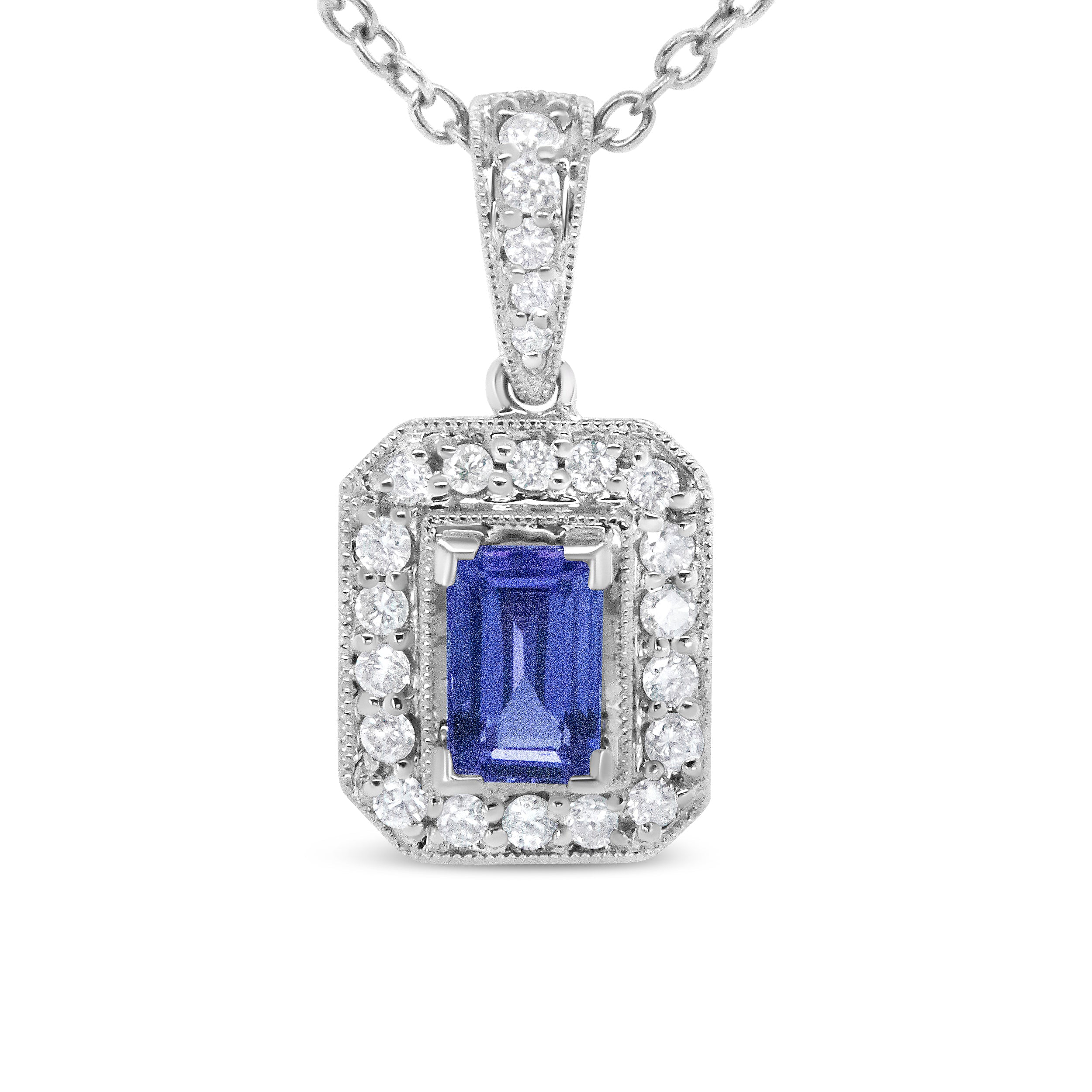 18K White Gold 1/4 Cttw Round Diamond and 6x4mm Purple Tanzanite Halo 18" Pendant Necklace H-I Color, VS1-VS2 Clarity on sale at MyriadMart
