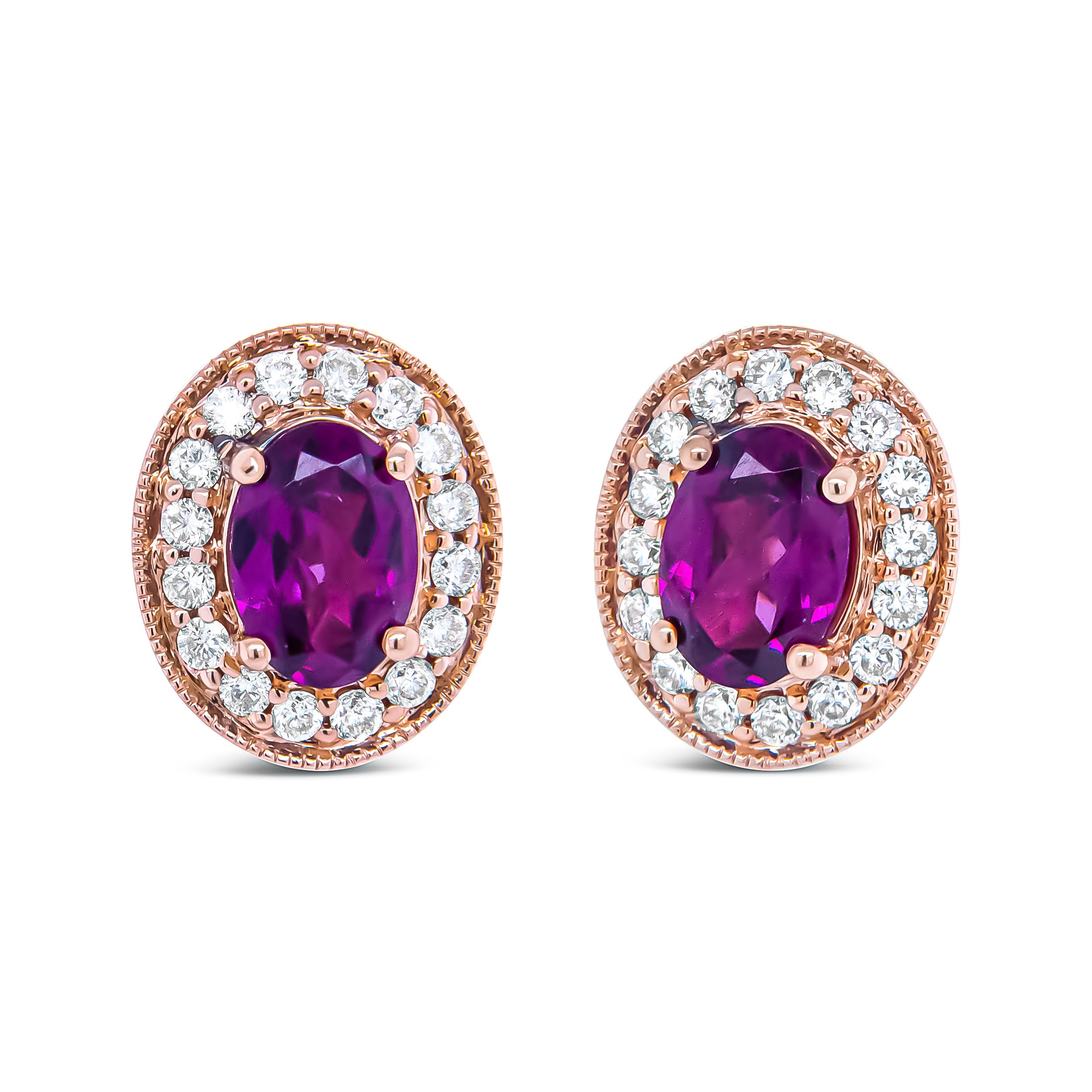 14K Rose Gold 7x5mm Oval Cut Garnet and 3/8 Cttw Round Diamond Halo Stud Earrings G-H Color, SI1-SI2 Clarity on sale at MyriadMart