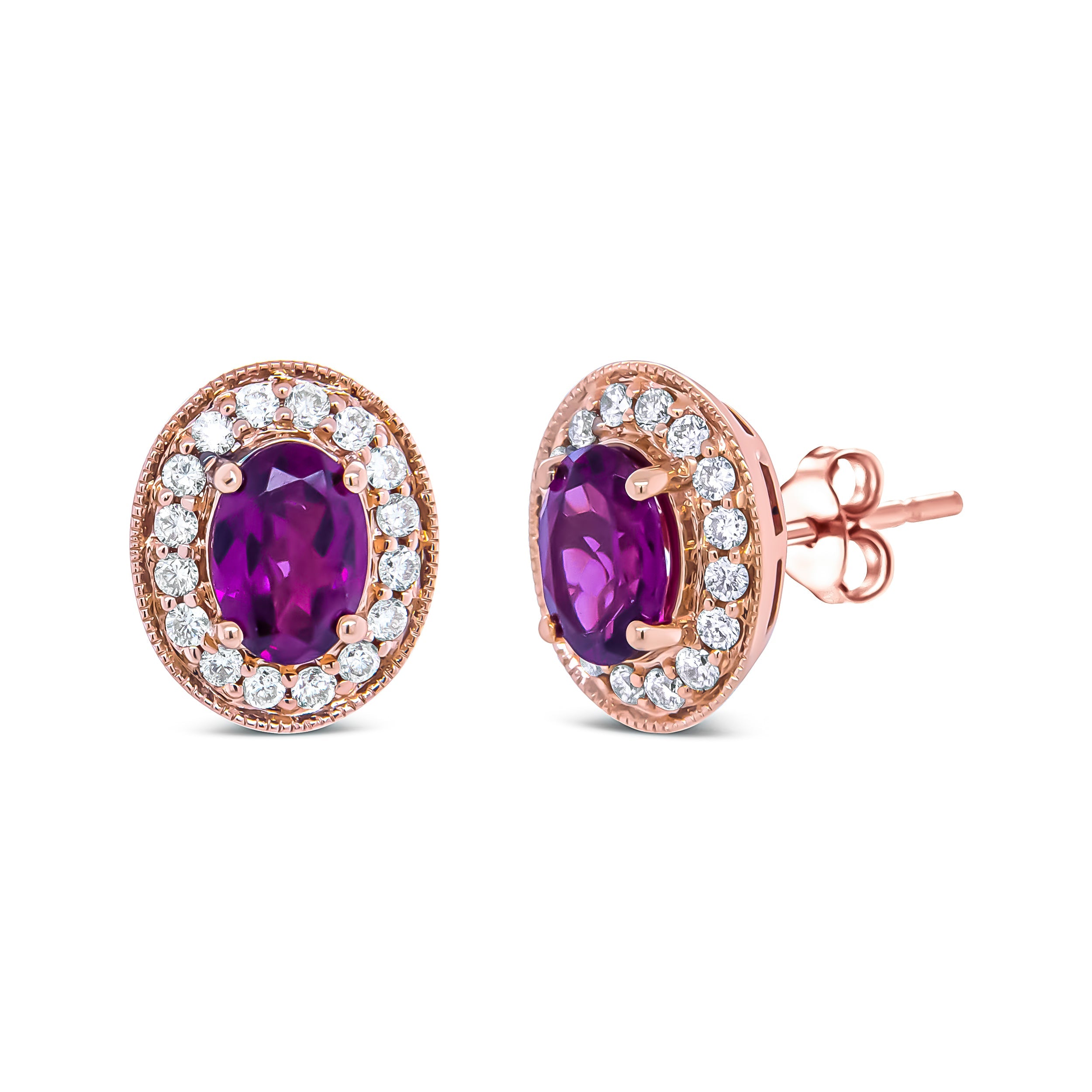14K Rose Gold 7x5mm Oval Cut Garnet and 3/8 Cttw Round Diamond Halo Stud Earrings G-H Color, SI1-SI2 Clarity on sale at MyriadMart