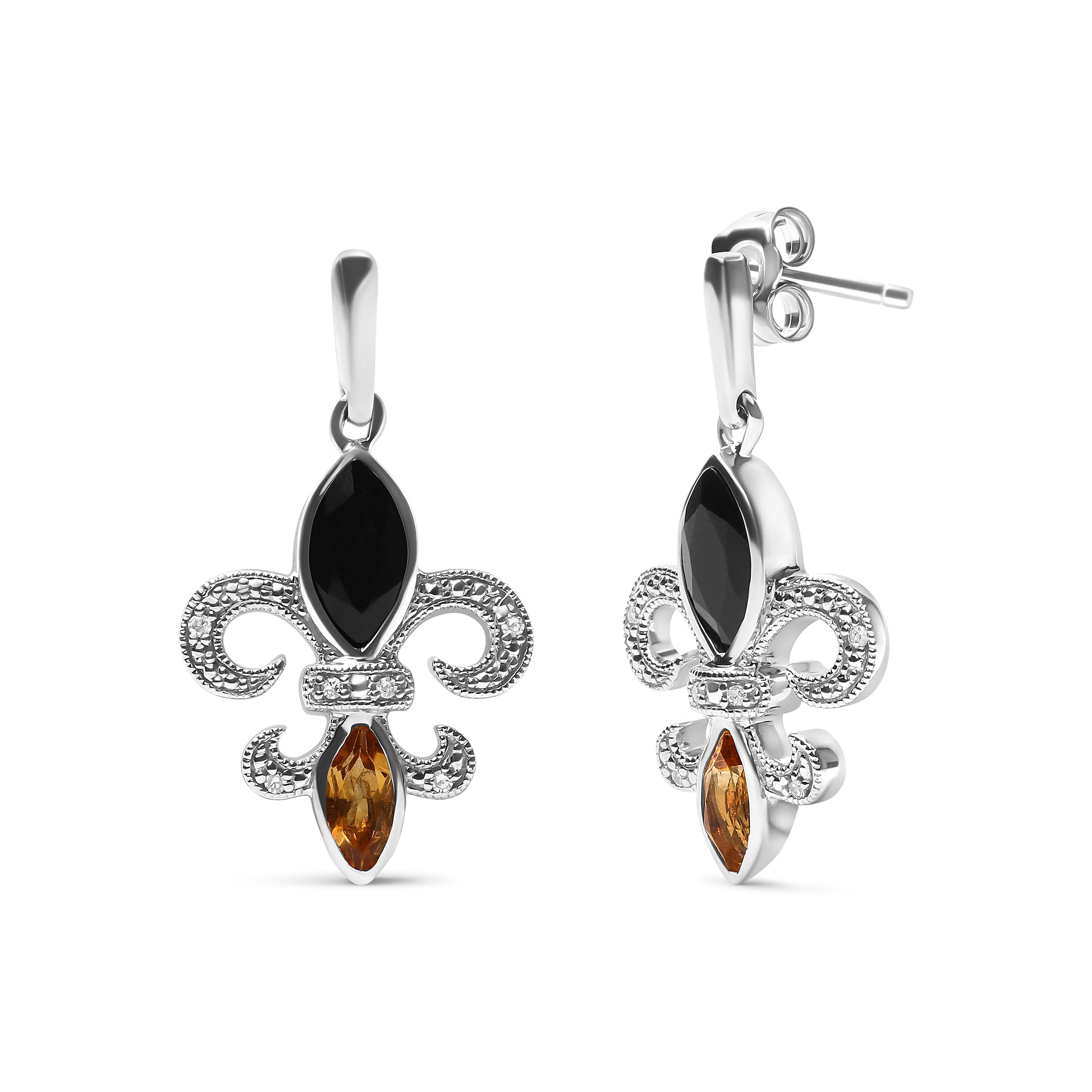 .925 Sterling Silver Marquise Cut Onyx and Citrine with Diamond Accent Fleur De Lis Drop Stud Earrings H-I Color, SI1-SI2 Clarity on sale at MyriadMart