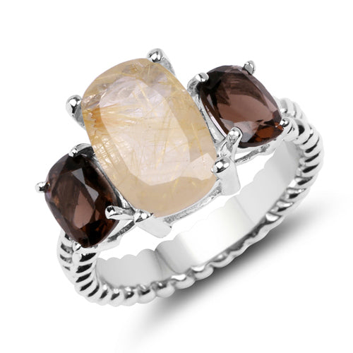 5.75 Carat Genuine Golden Rutile & Smoky Quartz .925 Sterling Silver Ring on sale at MyriadMart