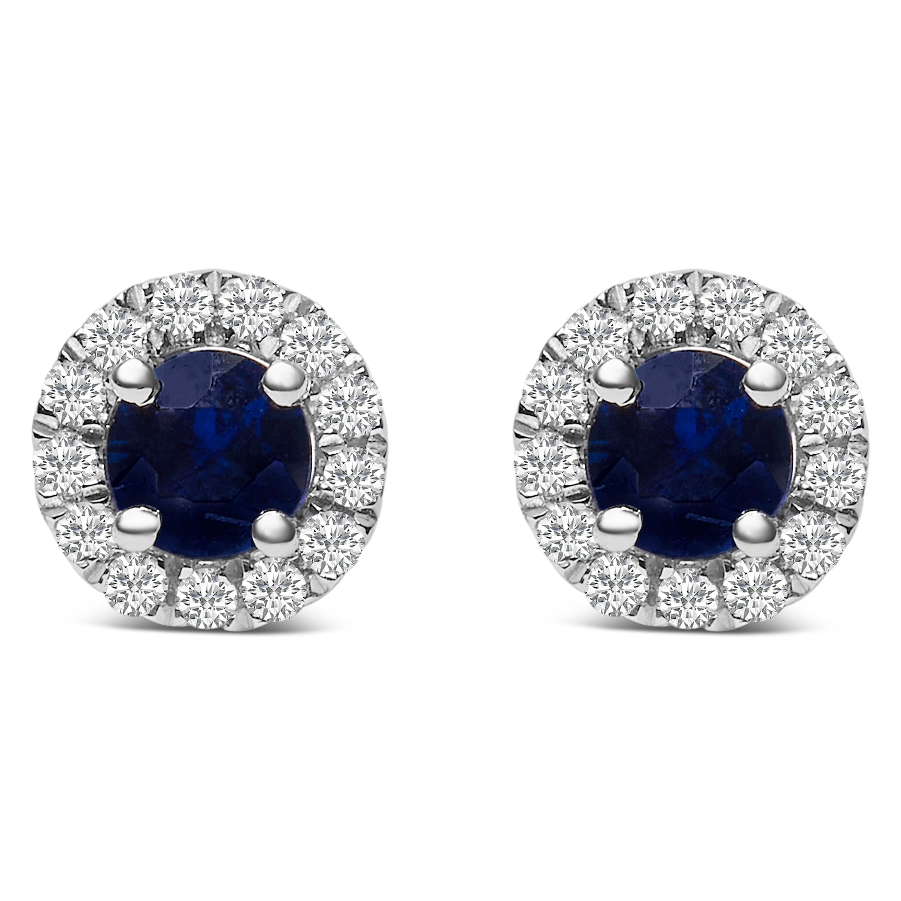 10K White Gold 3.25mm x 3.25mm Round Blue Sapphire and 1/10 Cttw Diamond Halo Stud Earrings I-J Color, I1-I2 Clarity on sale at MyriadMart