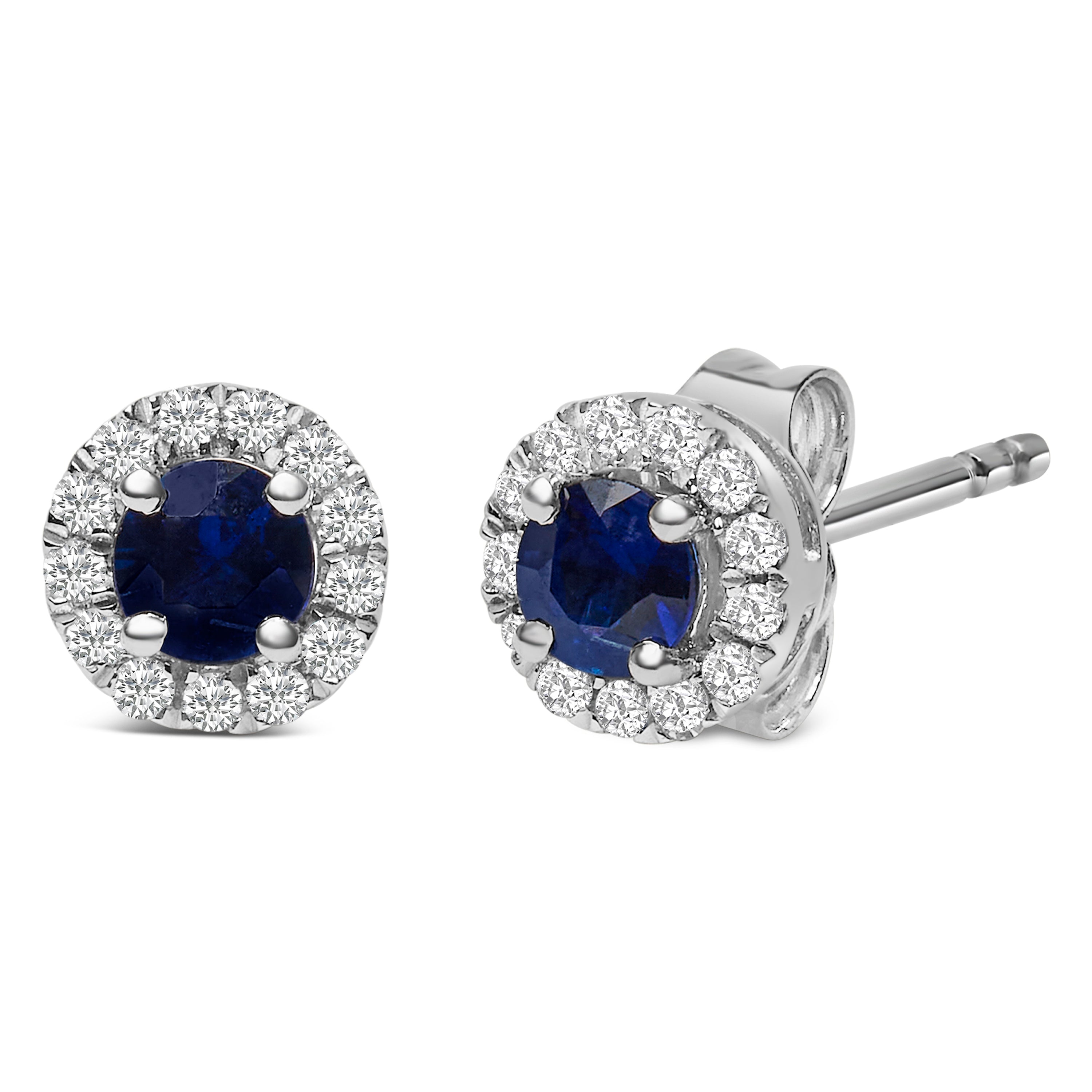 10K White Gold 3.25mm x 3.25mm Round Blue Sapphire and 1/10 Cttw Diamond Halo Stud Earrings I-J Color, I1-I2 Clarity on sale at MyriadMart