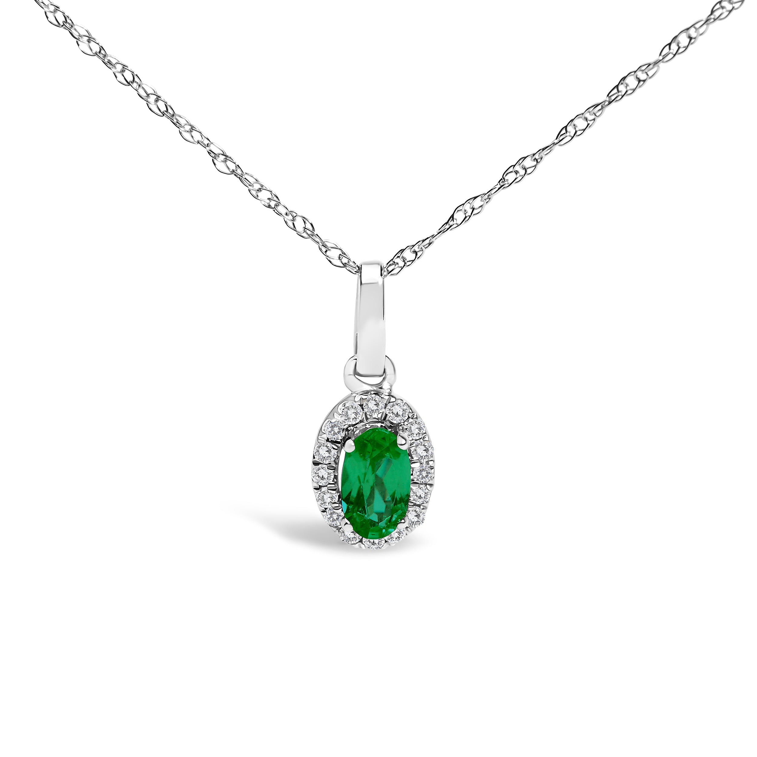 10K White Gold 5x3mm Green Emerald and Diamond Accent Halo Oval Shape 18" Pendant Necklace I-J Color, I1-I2 Clarity on sale at MyriadMart