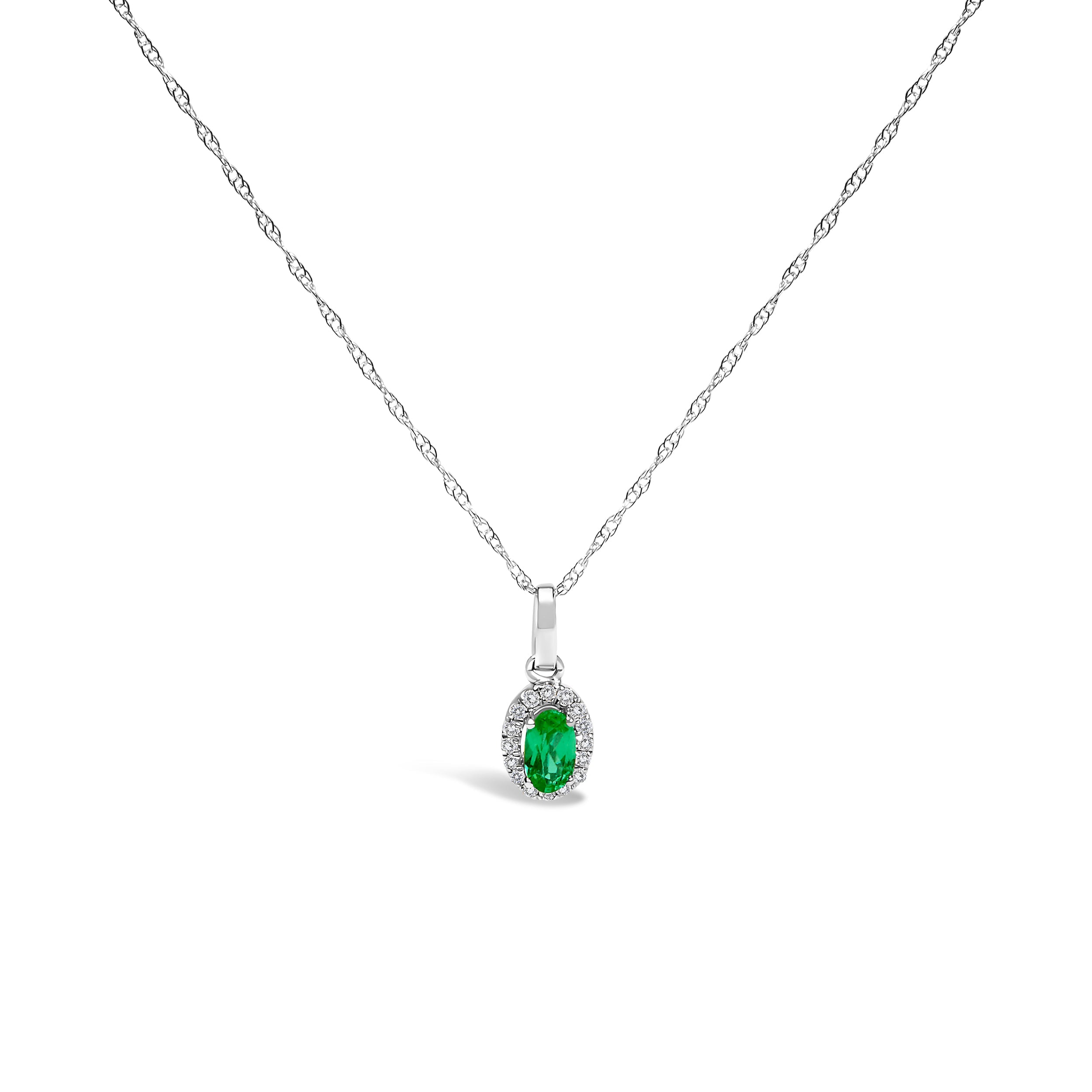 10K White Gold 5x3mm Green Emerald and Diamond Accent Halo Oval Shape 18" Pendant Necklace I-J Color, I1-I2 Clarity on sale at MyriadMart