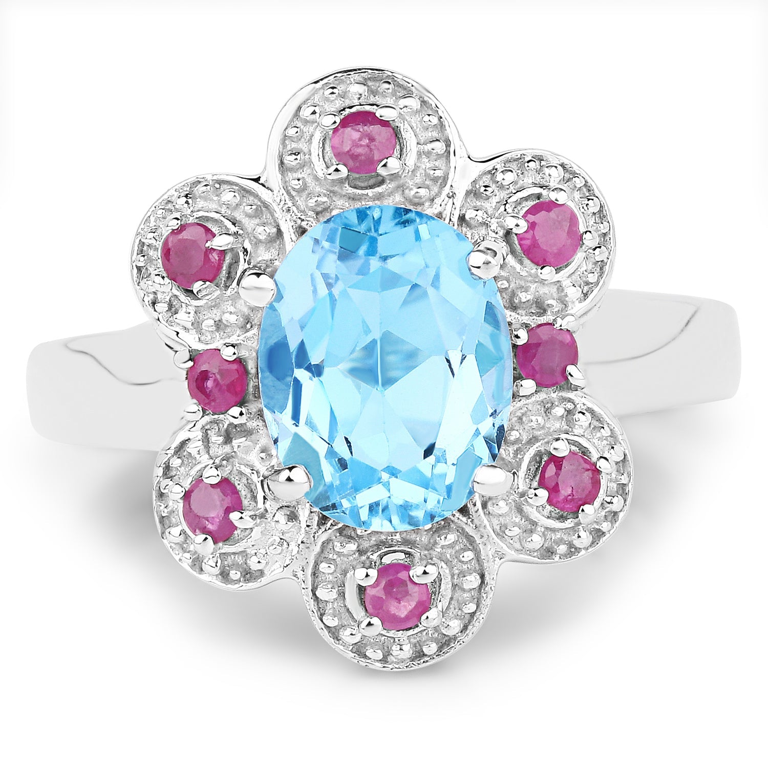 2.28 Carat Genuine Swiss Blue Topaz and Ruby .925 Sterling Silver Ring on sale at MyriadMart