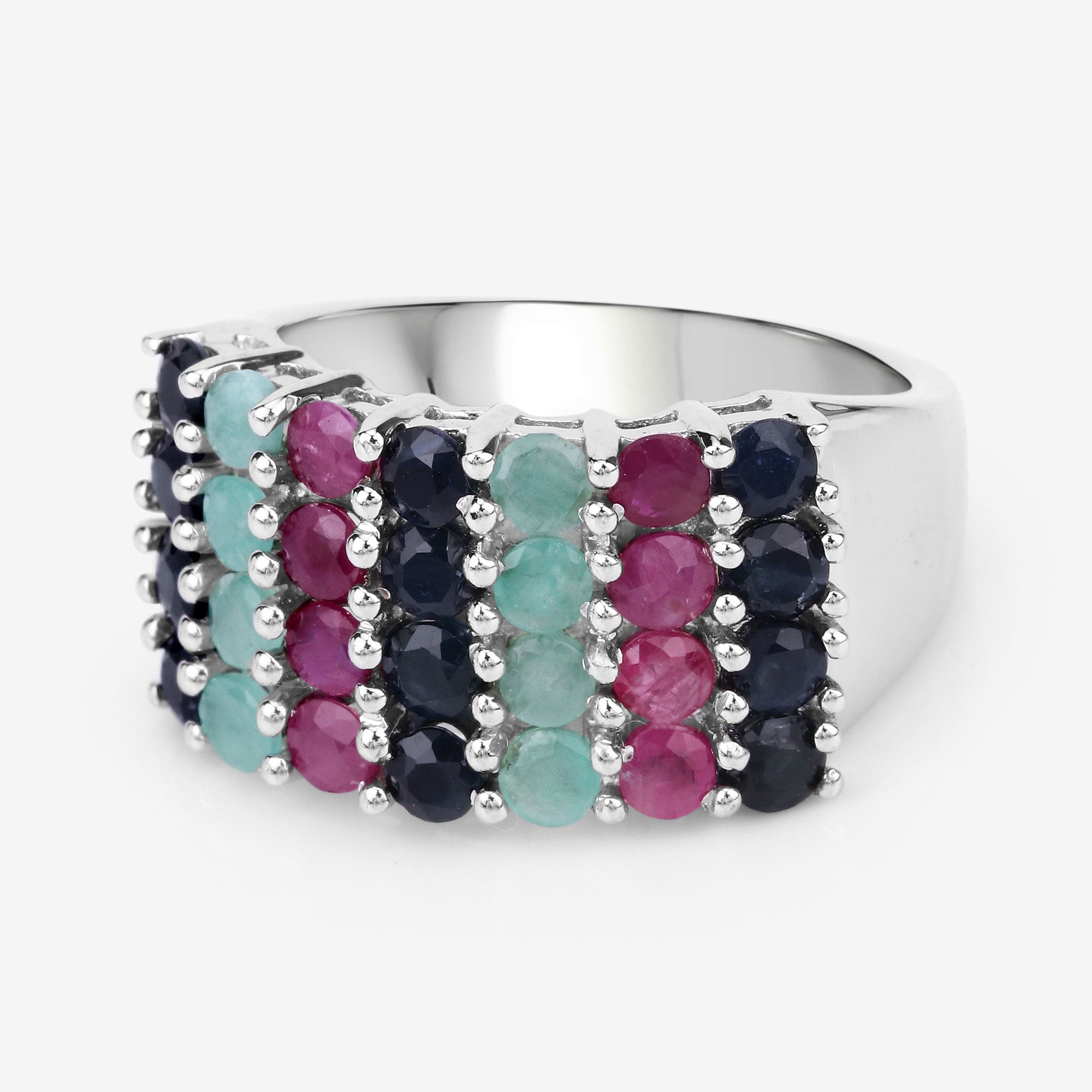 "3.40 Carat Genuine Emerald, Ruby and Black Sapphire .925 Sterling Silver Ring on sale at MyriadMart