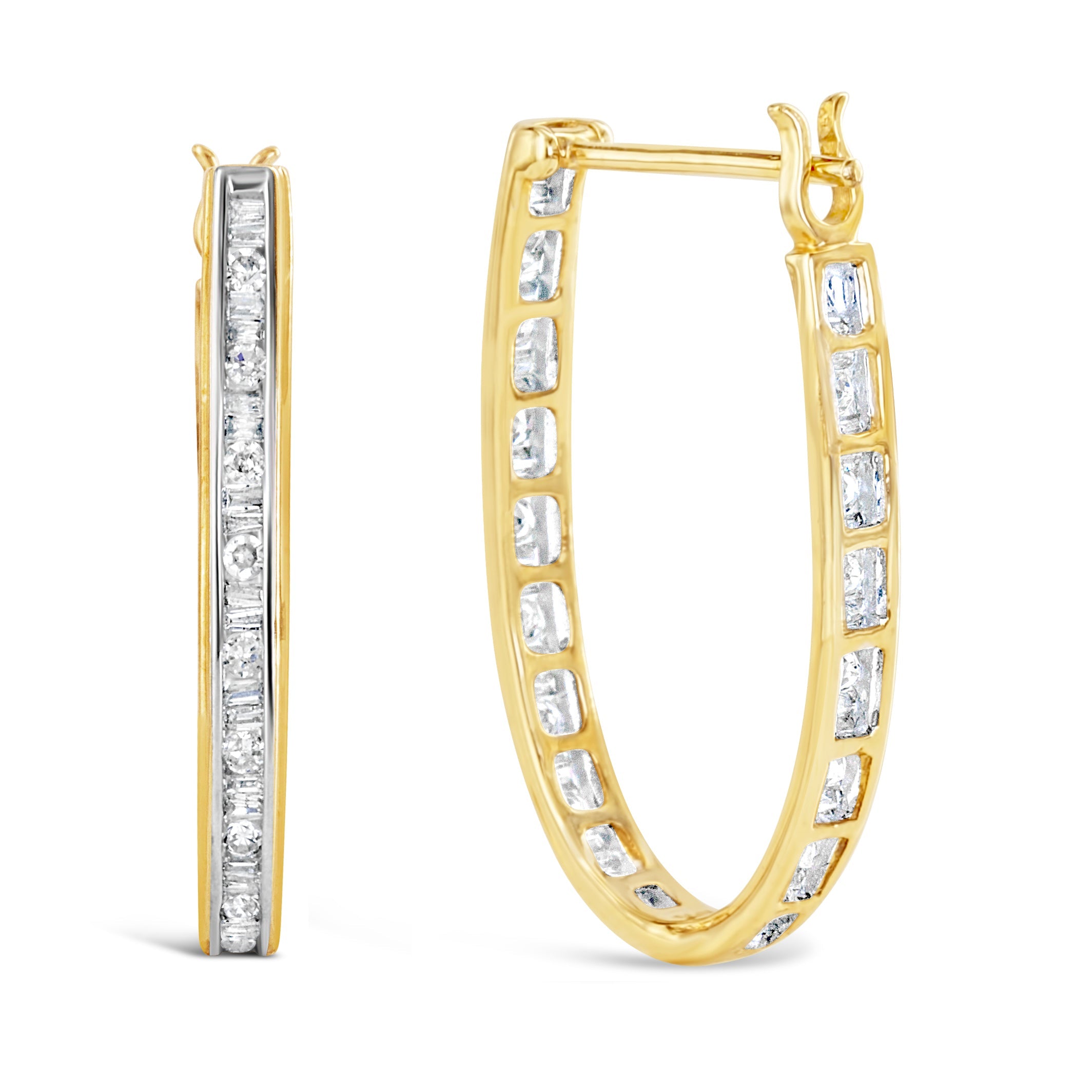 10K Yellow Gold 1.00 Cttw Round and Baguette-Cut Diamond U-Hoop Earrings H-I Color, SI2-I1 Clarity on sale at MyriadMart