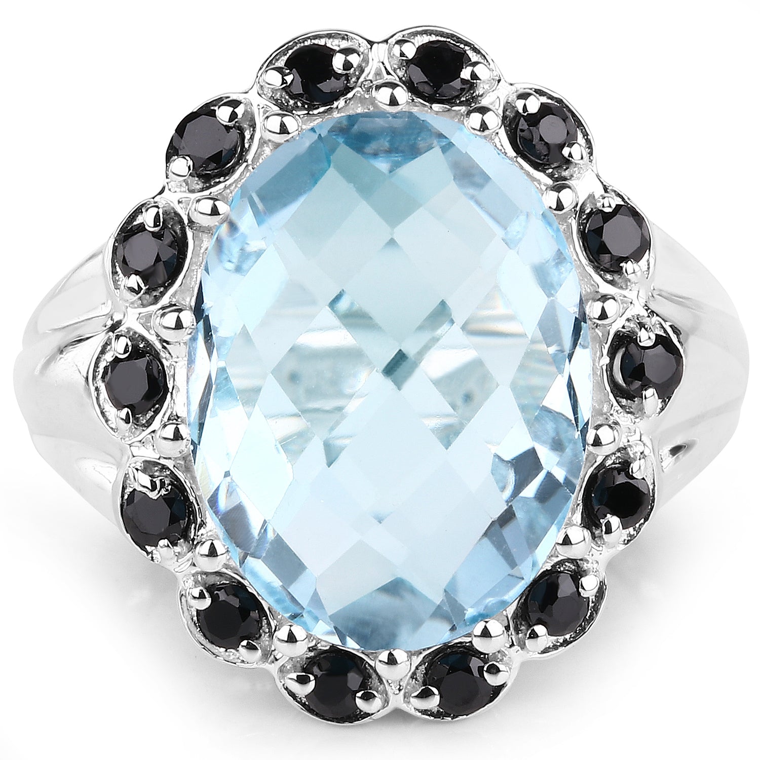 12.49 Carat Genuine Blue Topaz & Black Spinel .925 Sterling Silver Ring on sale at MyriadMart