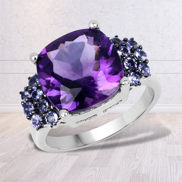 6.34 Carat Genuine Amethyst and Tanzanite .925 Sterling Silver Ring on sale at MyriadMart