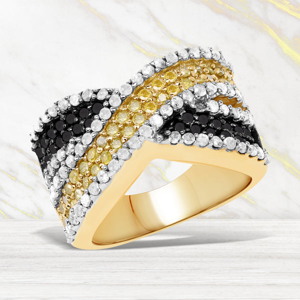 14K Yellow Gold Plated 1.58 Carat Genuine Black Diamond, White Diamond & Yellow Diamond .925 Sterling Silver Ring on sale at MyriadMart