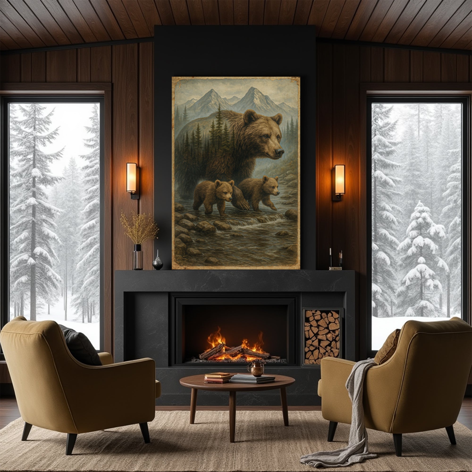 Mother Bear and Cubs Crossing Double Exposure Wall Art on sale at MyriadMart