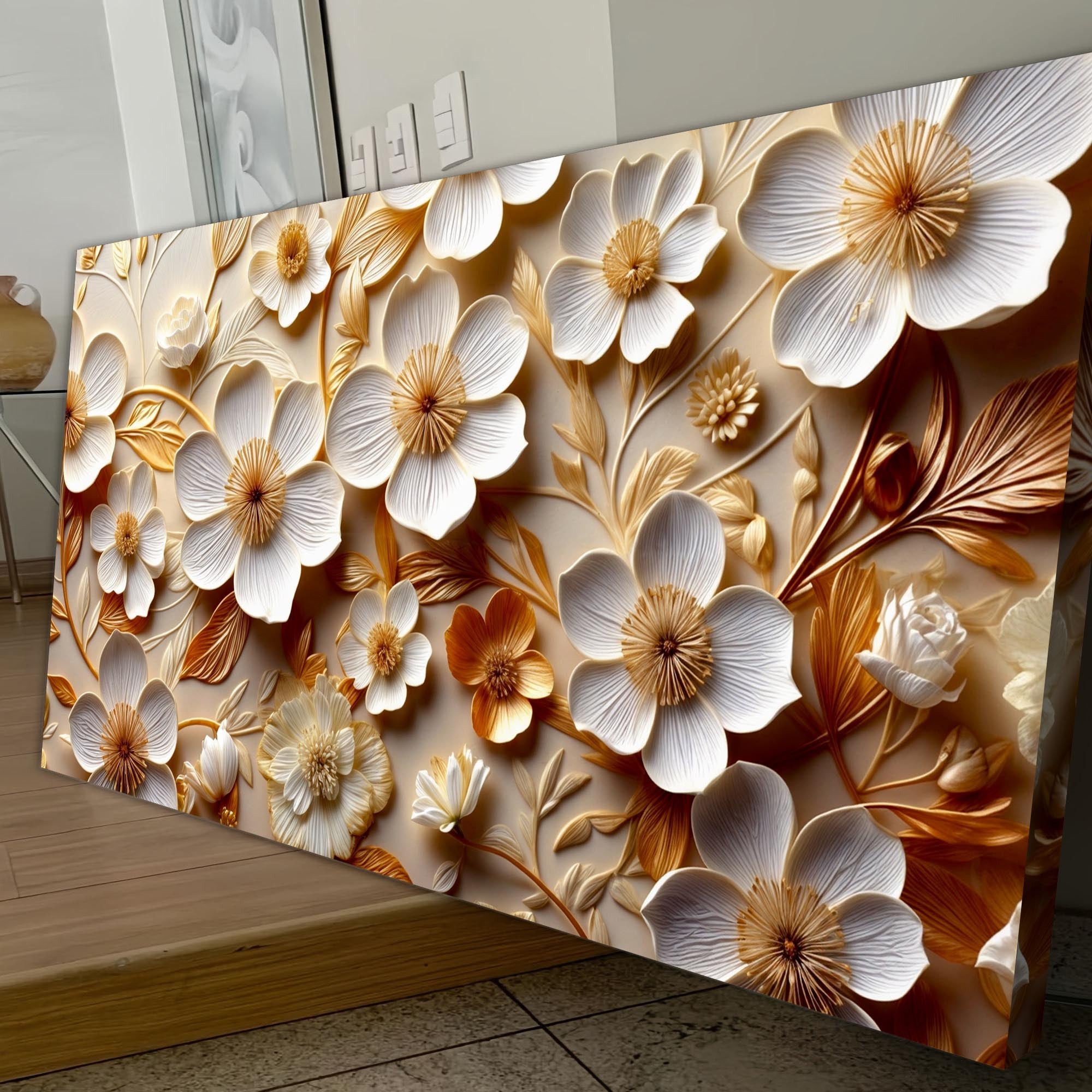 White And Golden Blooms Impasto Wall Art on sale at MyriadMart