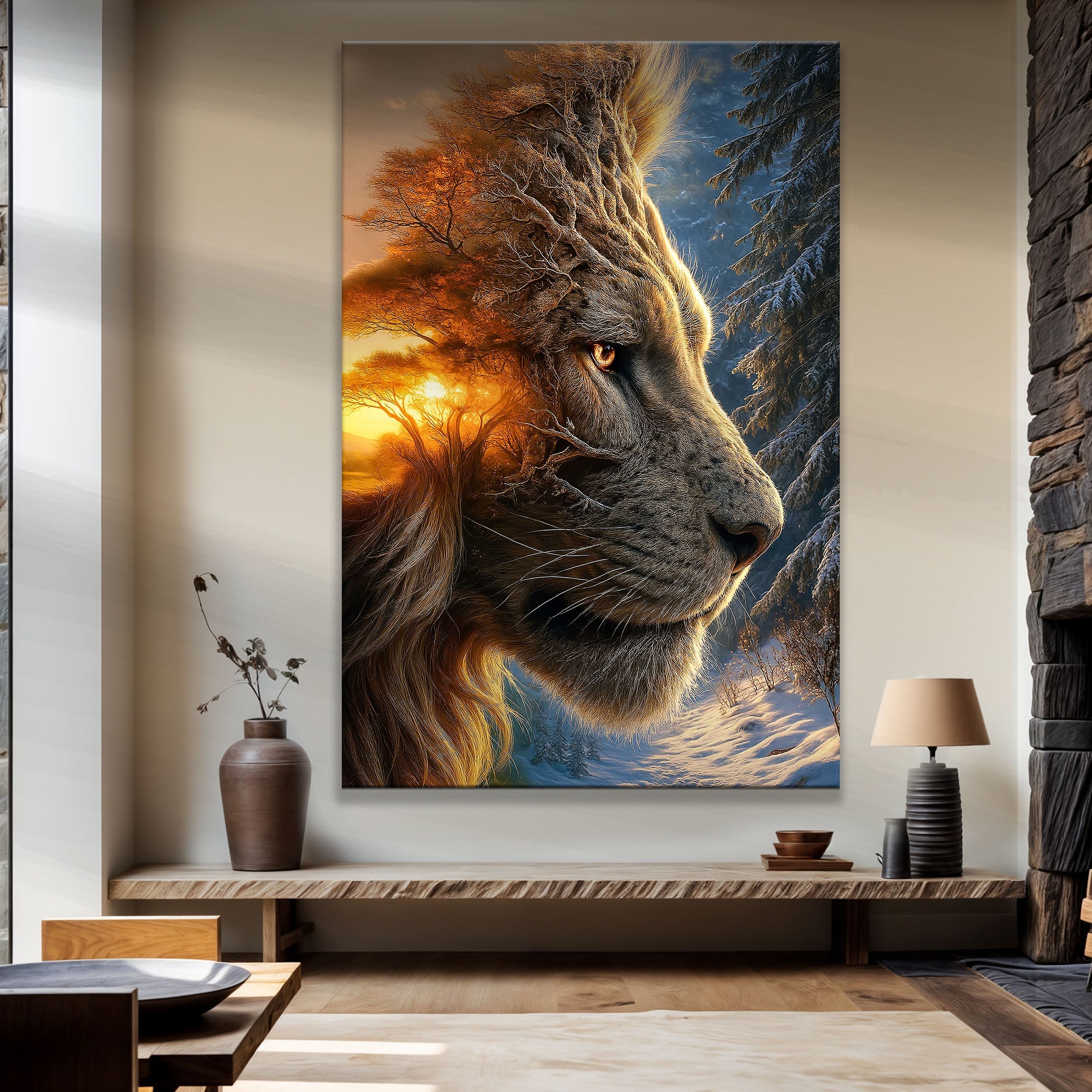 Lion Winter Summer Surrealism Wall Art on sale at MyriadMart