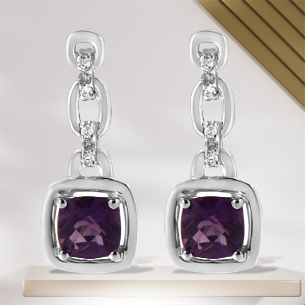 .925 Sterling Silver 6x6MM Cushion Shaped Natural Purple Amethyst and Diamond Accent Drop and Dangle Earrings I-J Color, I1-I2 Clarity on sale at MyriadMart