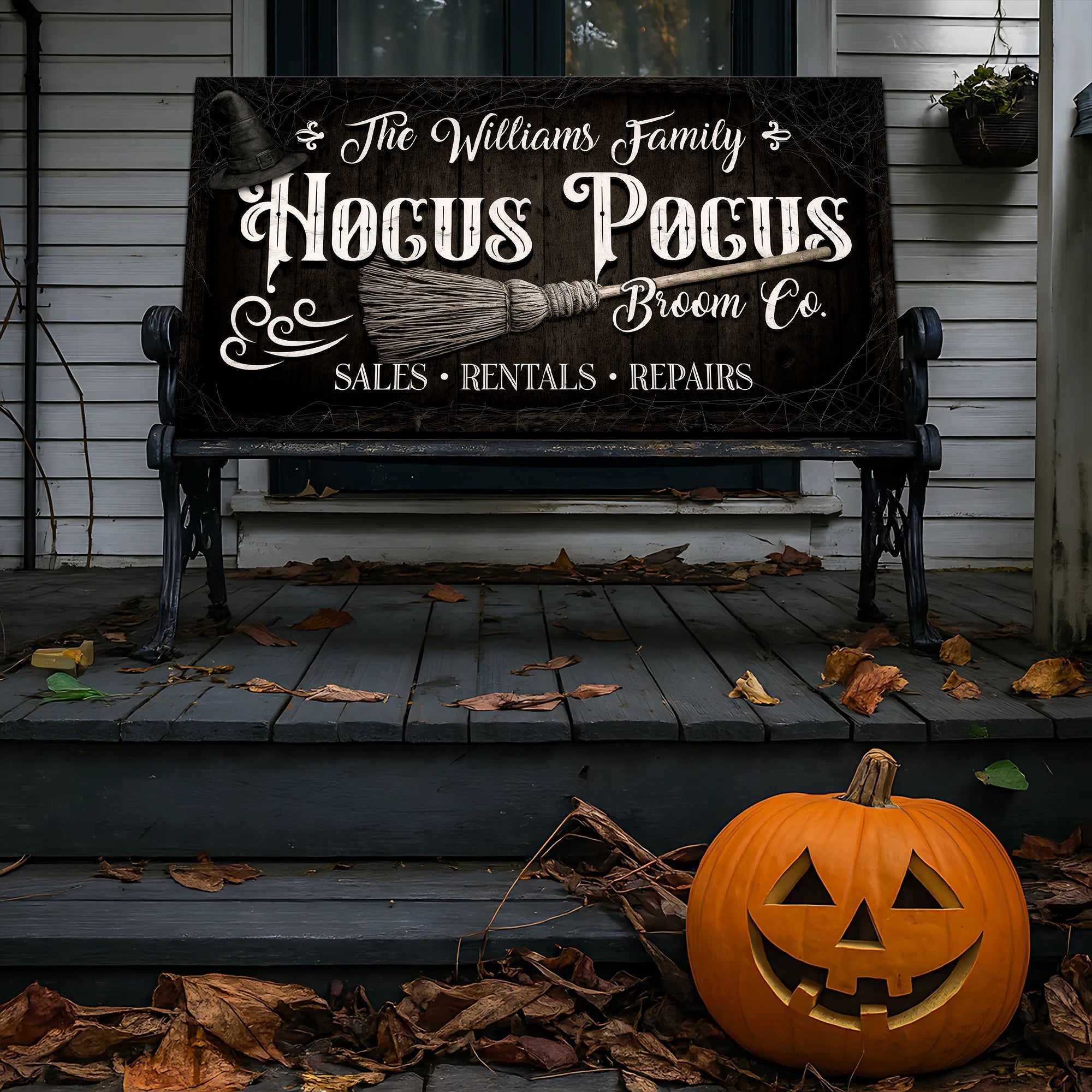 Personalized Hocus Pocus Broom Co. Wall Sign on sale at MyriadMart
